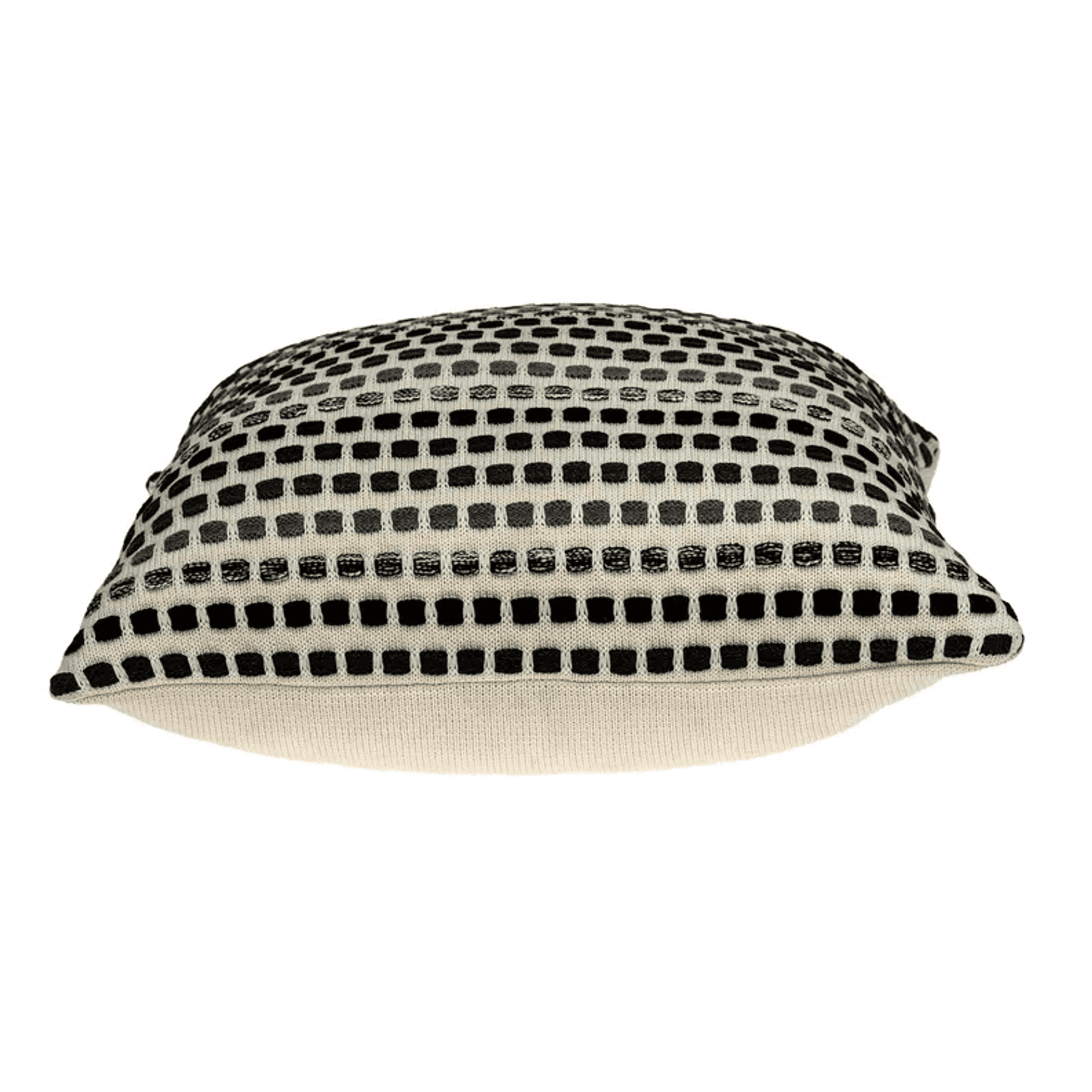 Beige throw pillow with black and white horizontal stripe dot pattern