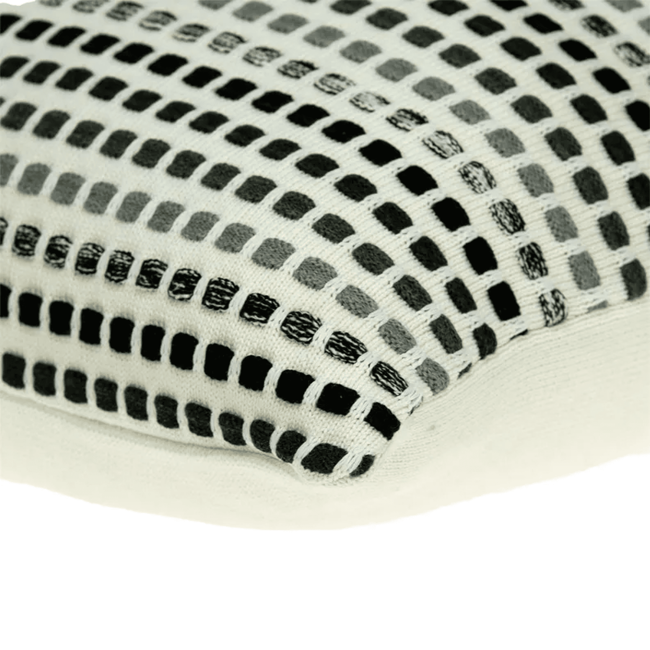 Close-up beige throw pillow with black and white stitched stripe pattern