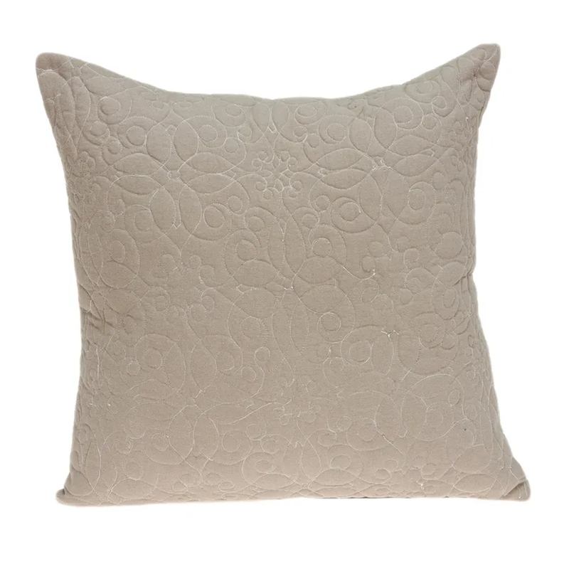 Beige square throw pillow with subtle embossed floral quilting pattern