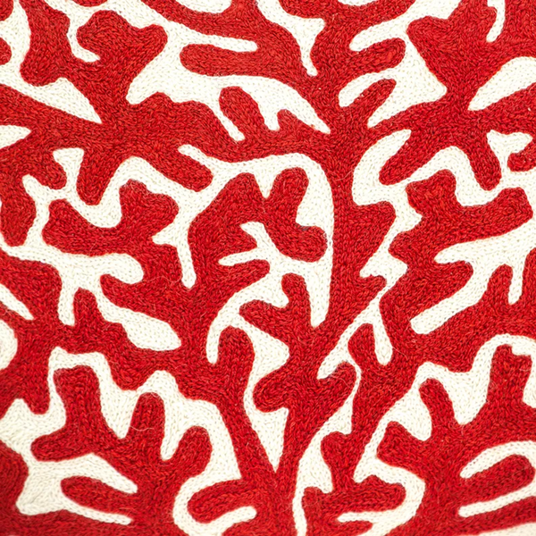 Beige pillow cover fabric with dense red coral pattern print