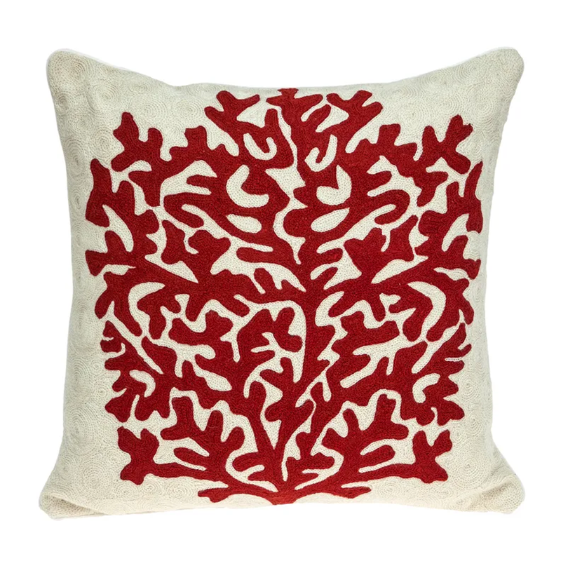 Beige pillow cover with bold red coral pattern, square shape