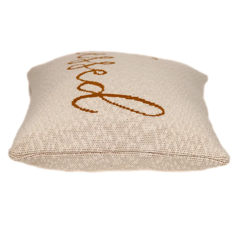 Beige throw pillow with 'Blessed' embroidery on the front face