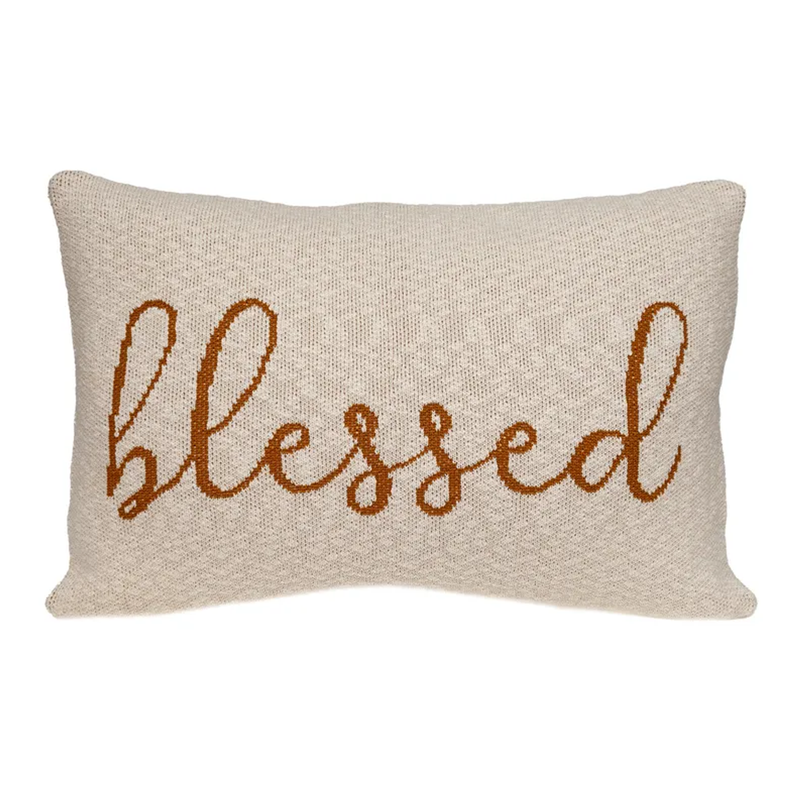 Beige rectangular throw pillow with 'Blessed' script embroidery