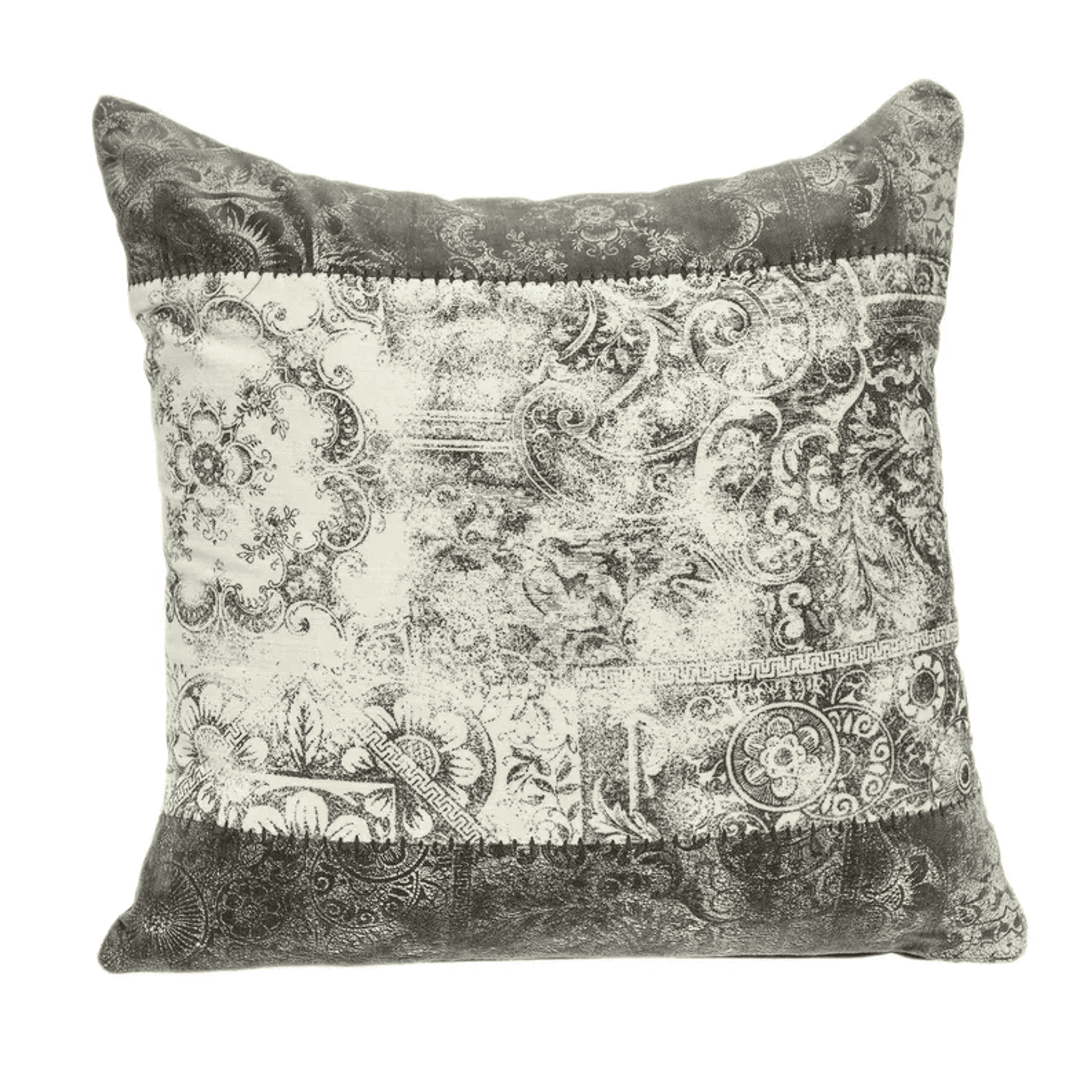 Gray and white ornamental paisley square throw pillow with dark gray edges.