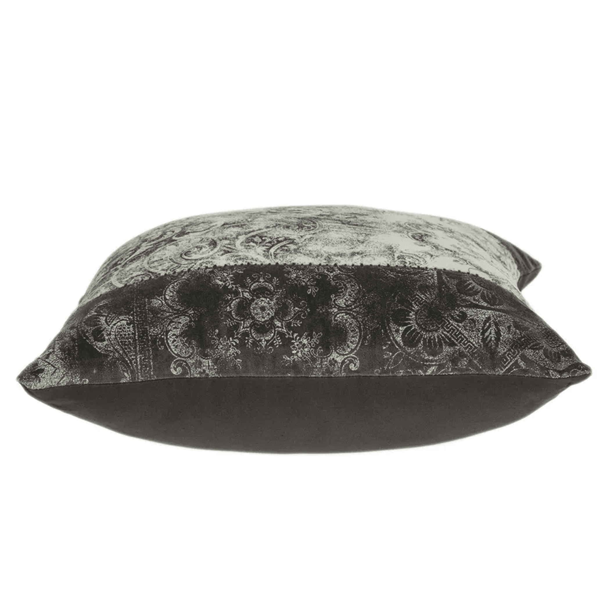 Gray ornate print square throw pillow, viewed from above.