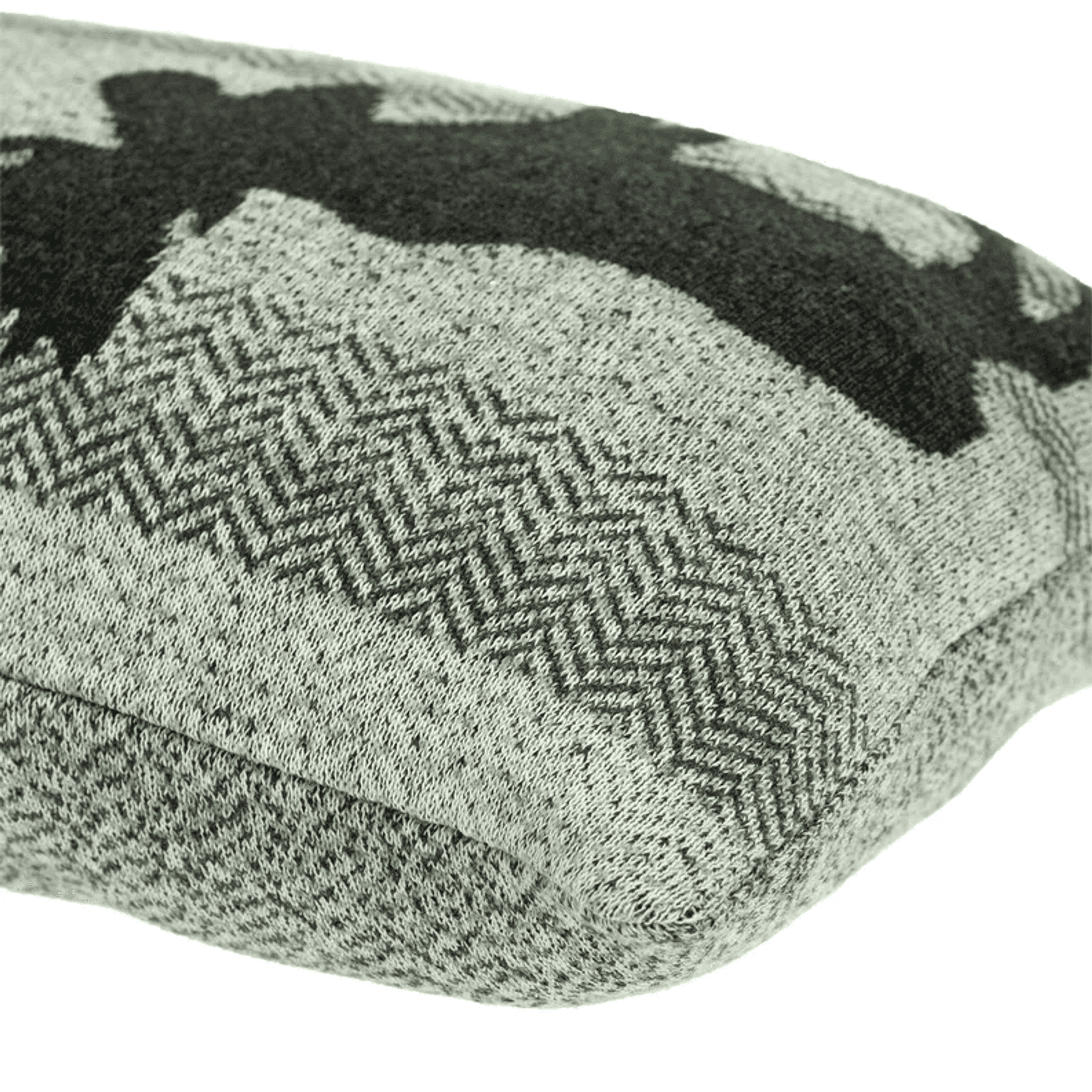 Gray knit throw pillow with black-and-white buck and chevron pattern detail
