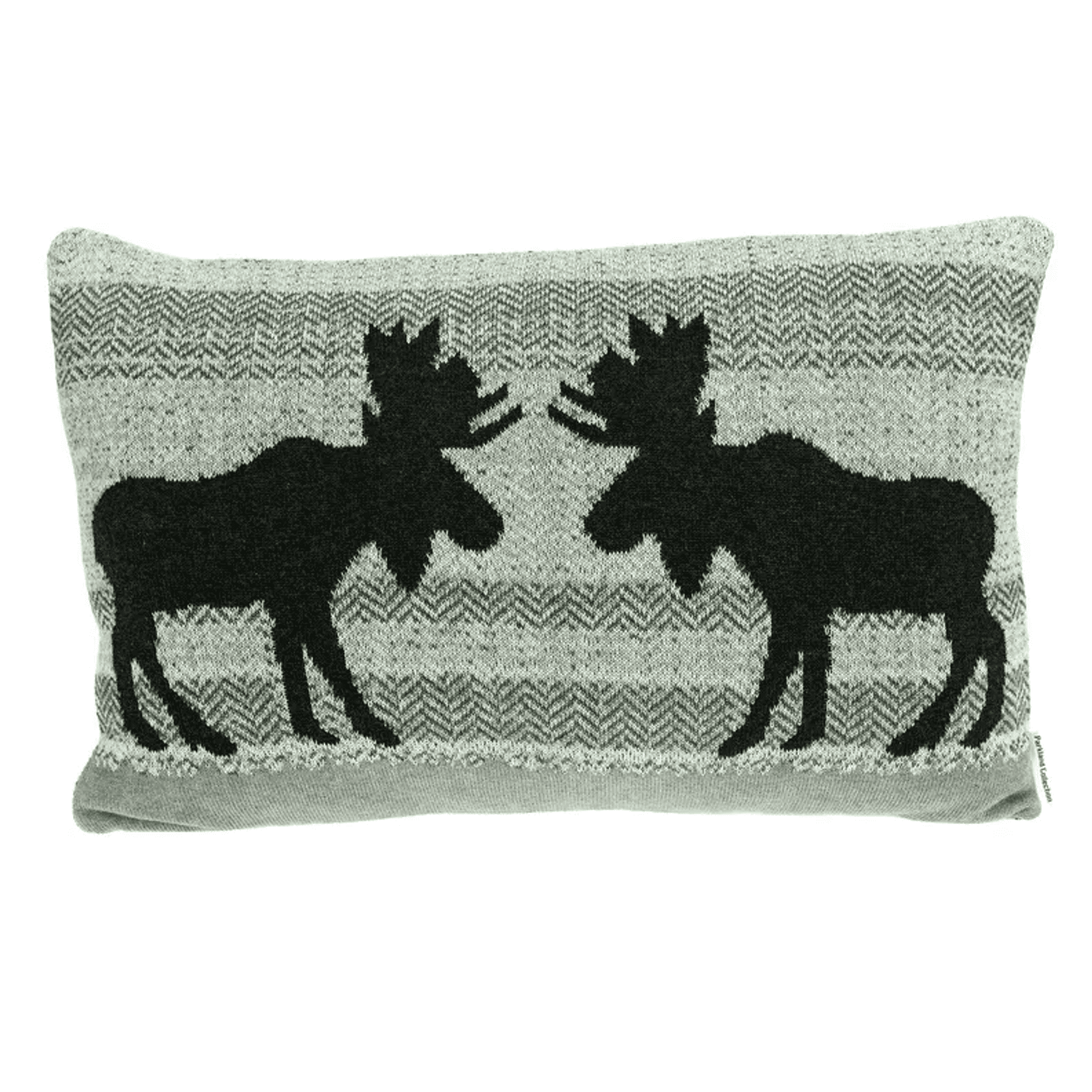 Gray rectangular throw pillow with black buck silhouettes and white pattern band