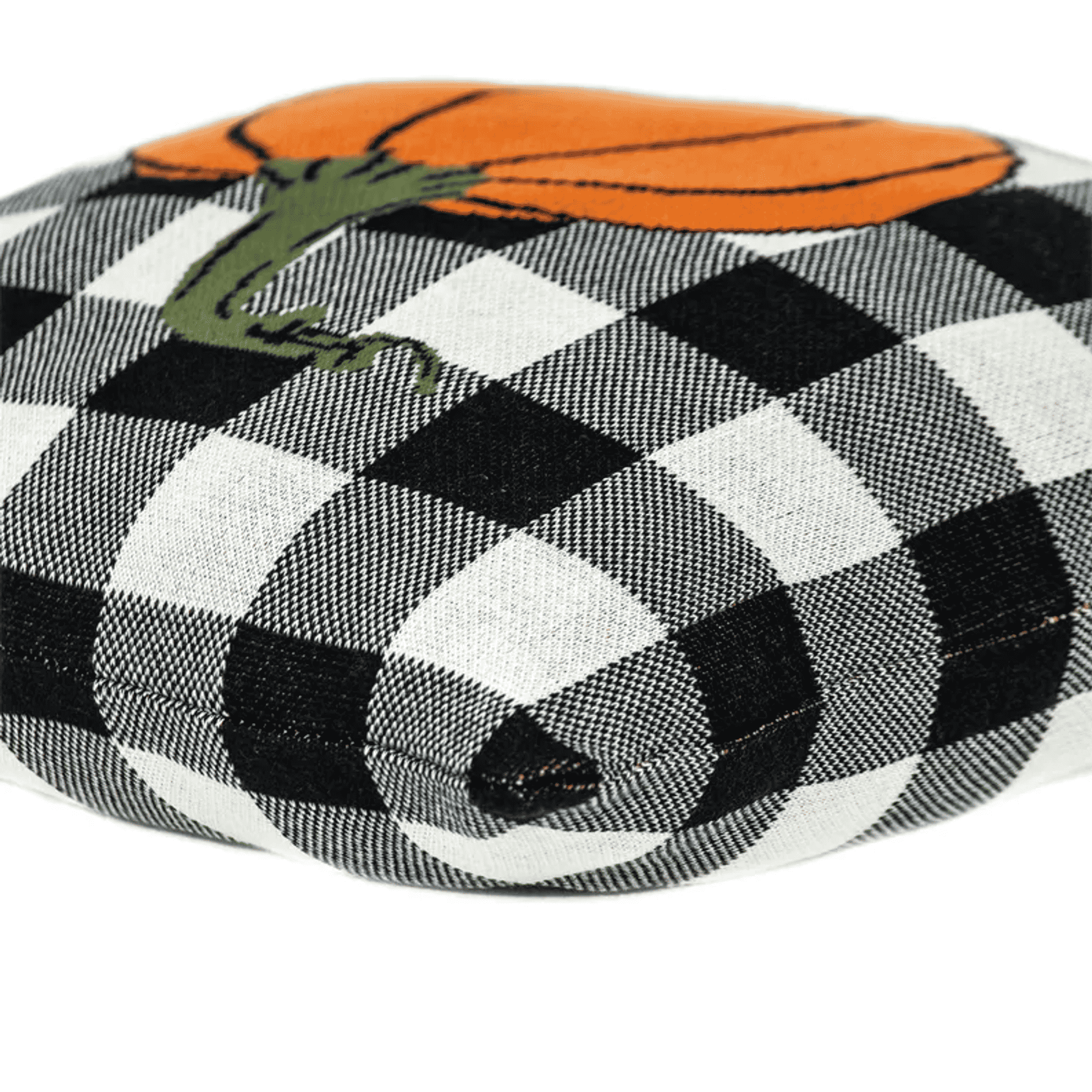 Pumpkin throw pillow with orange pumpkin motif on black-and-white plaid fabric