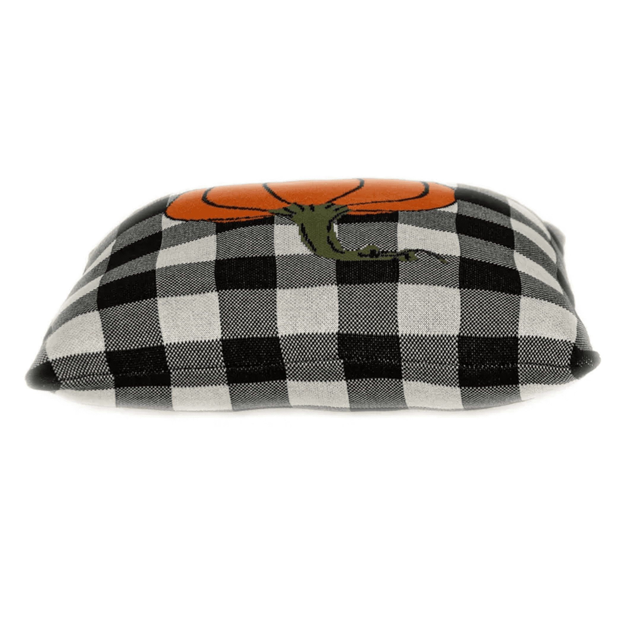 Throw pillow with black-and-white buffalo check and orange pumpkin embroidery