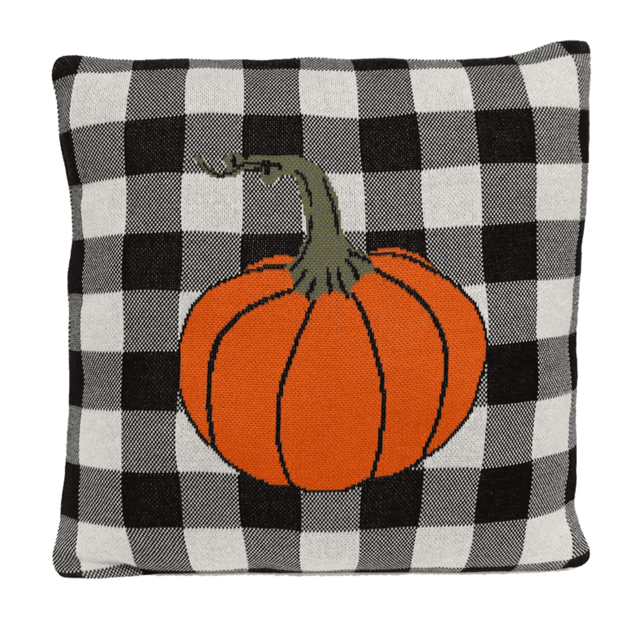 Buffalo-check throw pillow with orange pumpkin applique in center