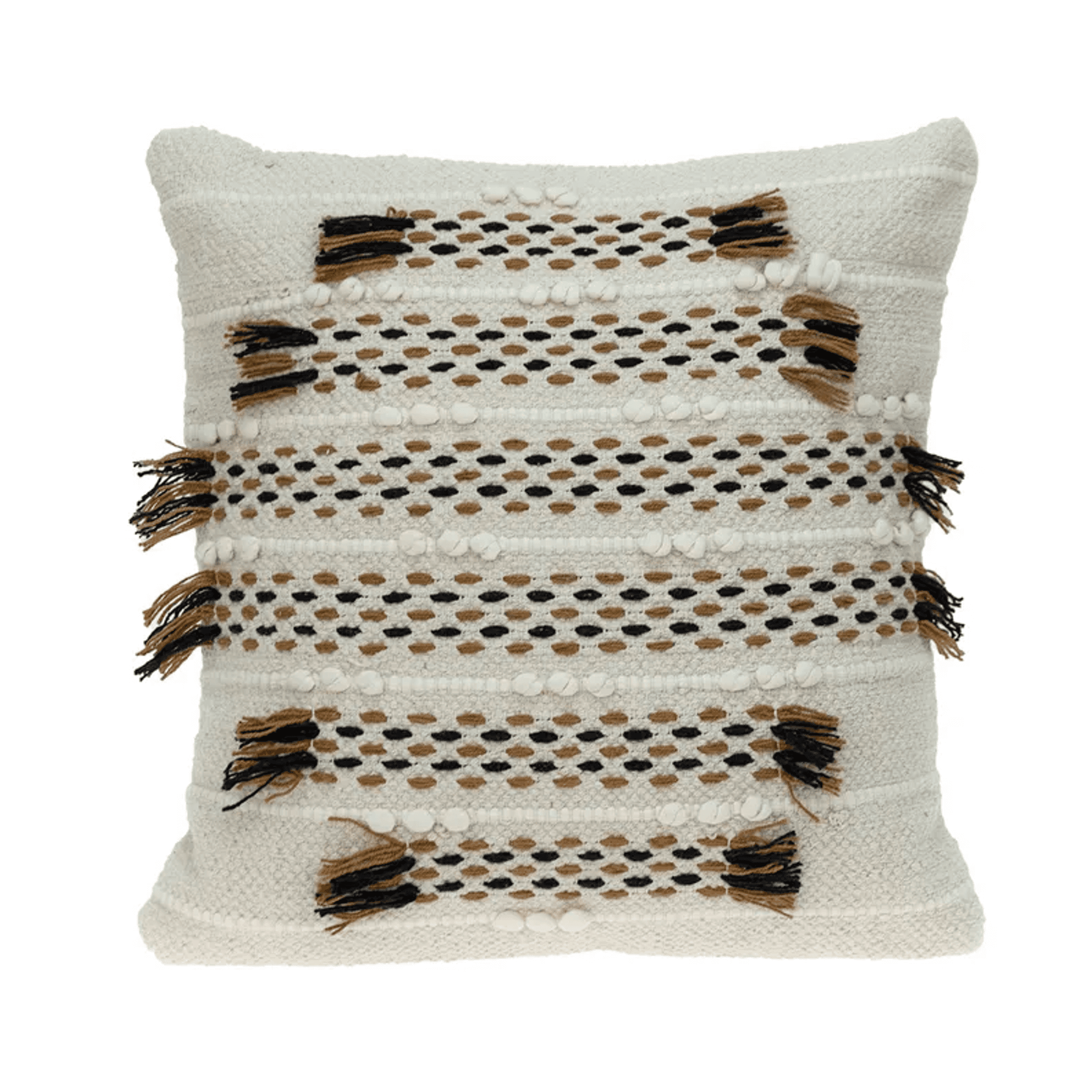 Beige square throw pillow with striped dot motif and fringe tassels on seams