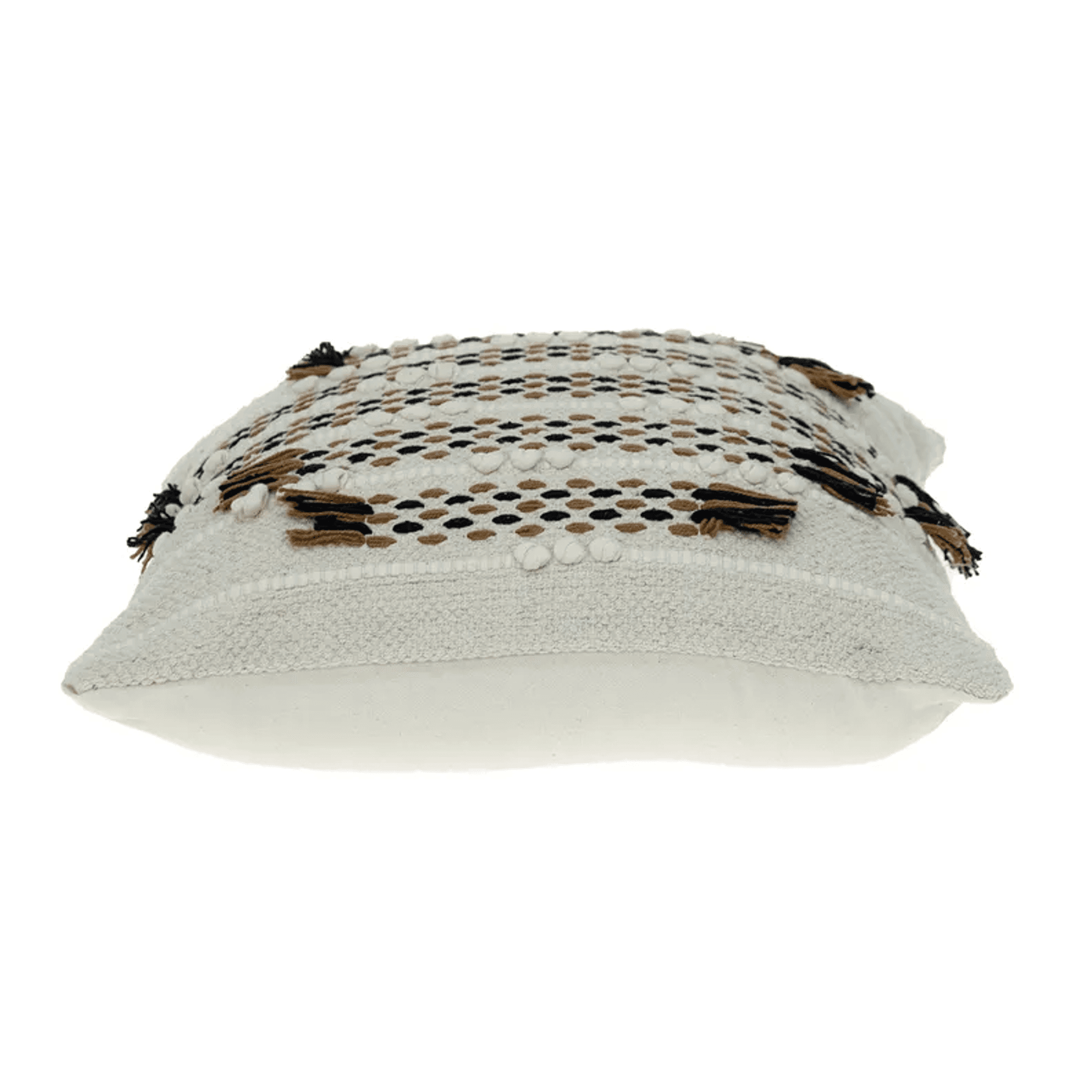 Beige decorative throw pillow with woven geometric dots and tassel accents