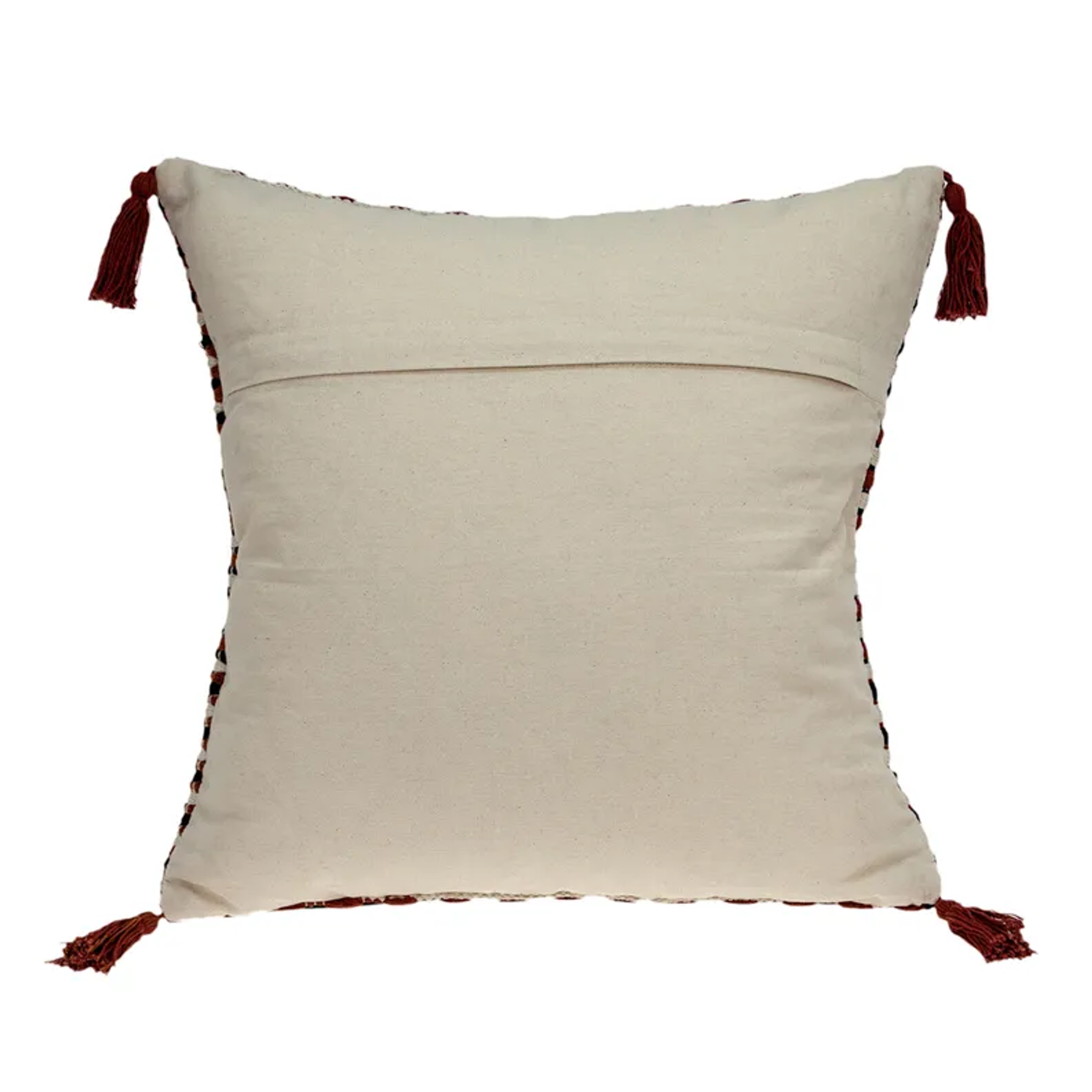 Cream back pillow cover with tassel corners, plain solid reverse side