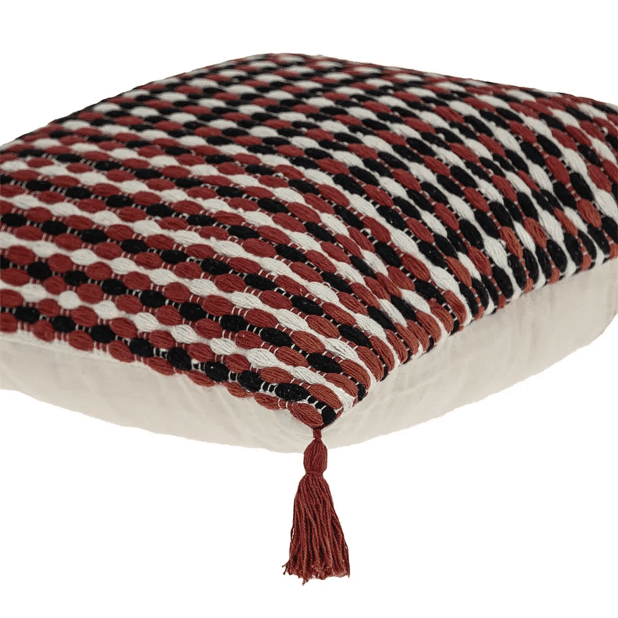 Multicolored woven pillow cover with tassel trim and repeating stripe pattern
