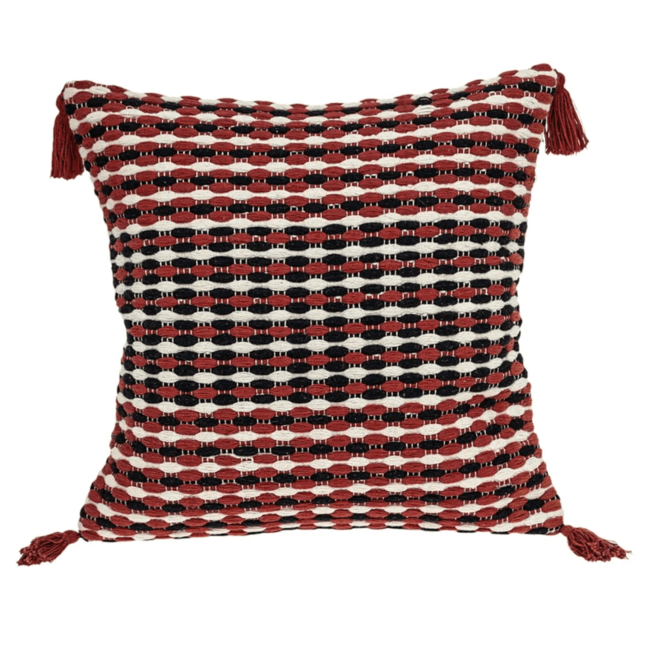 Multicolored patterned throw pillow cover with tassels, square front