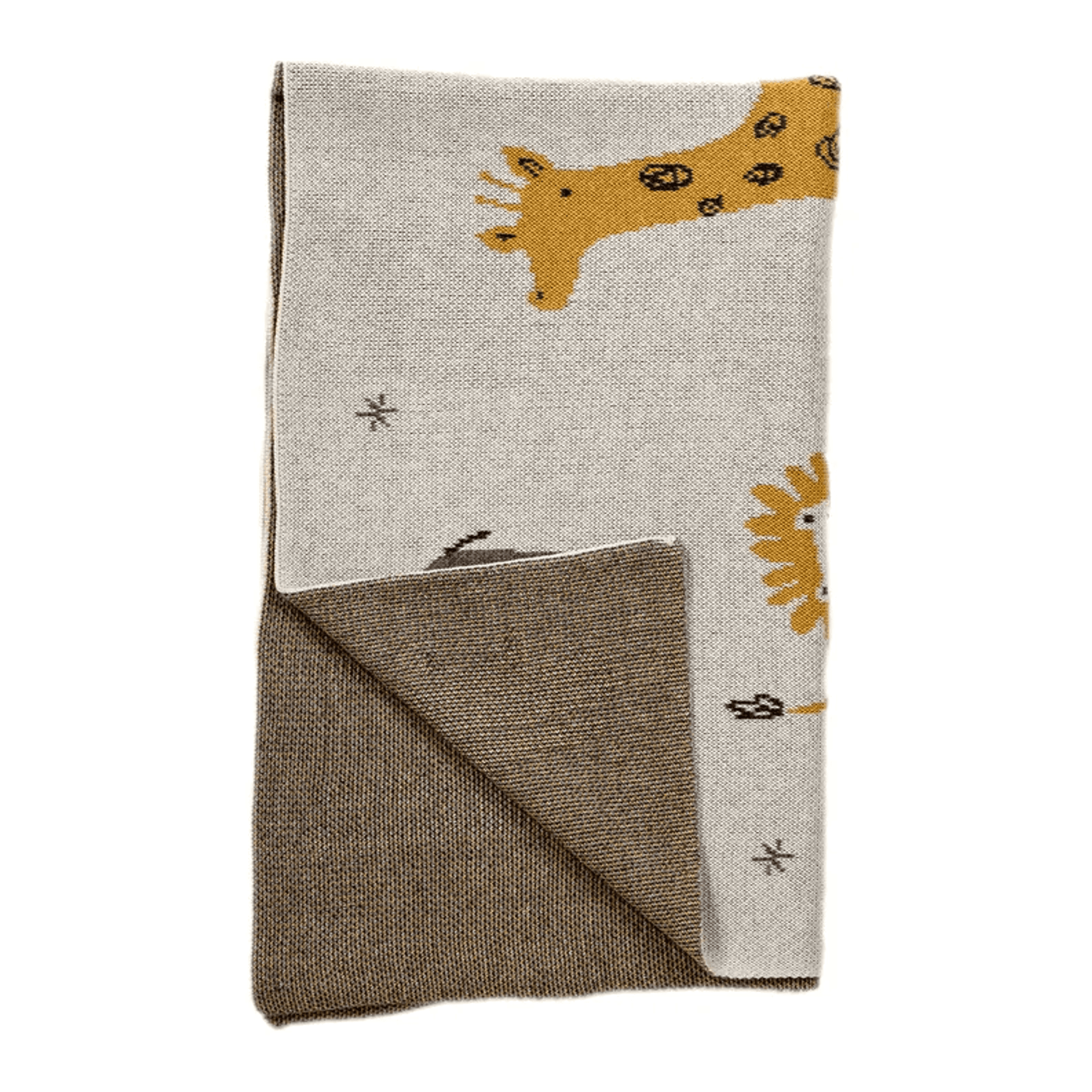 Beige baby blanket with giraffe, lion and animal prints, folded knit texture