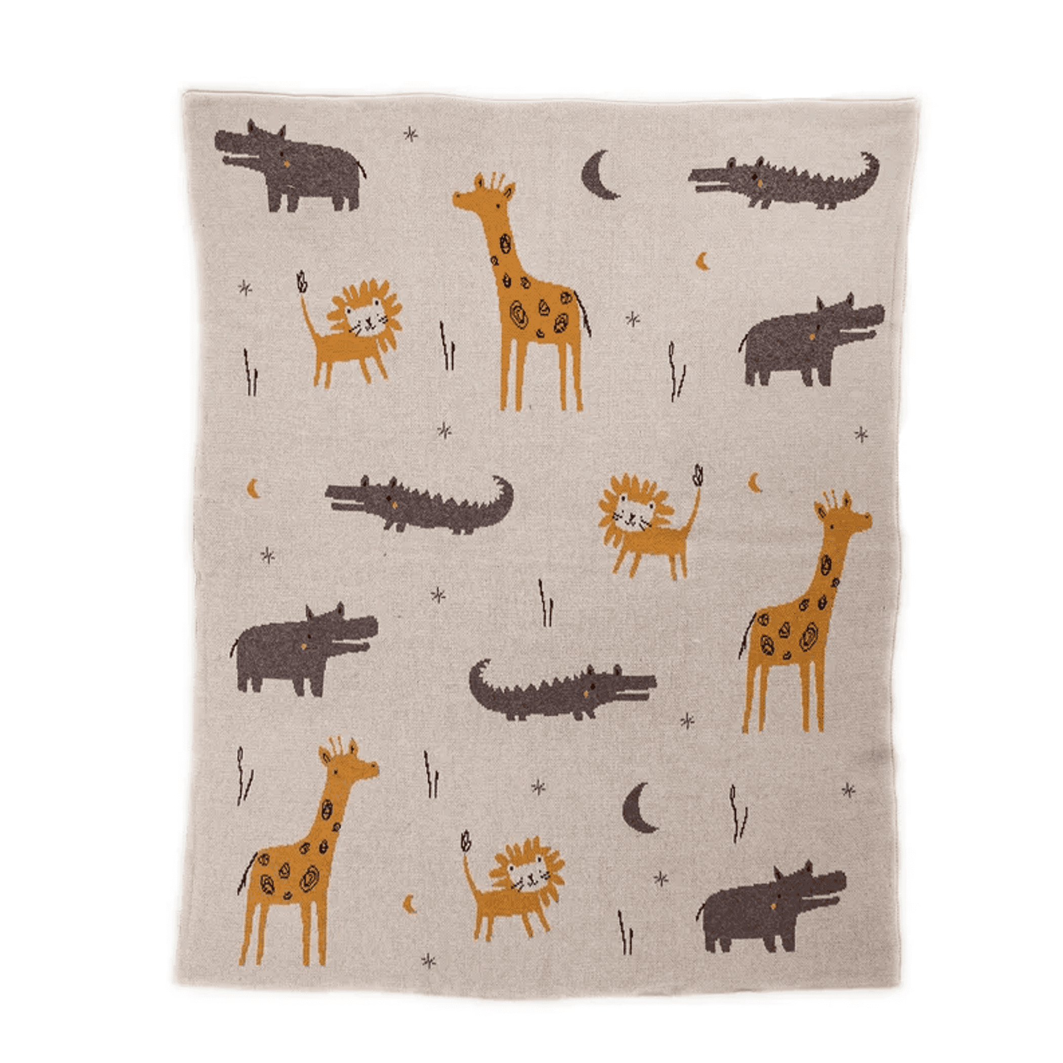 Beige zoo-themed baby blanket with giraffes, lions, crocodiles and stars pattern
