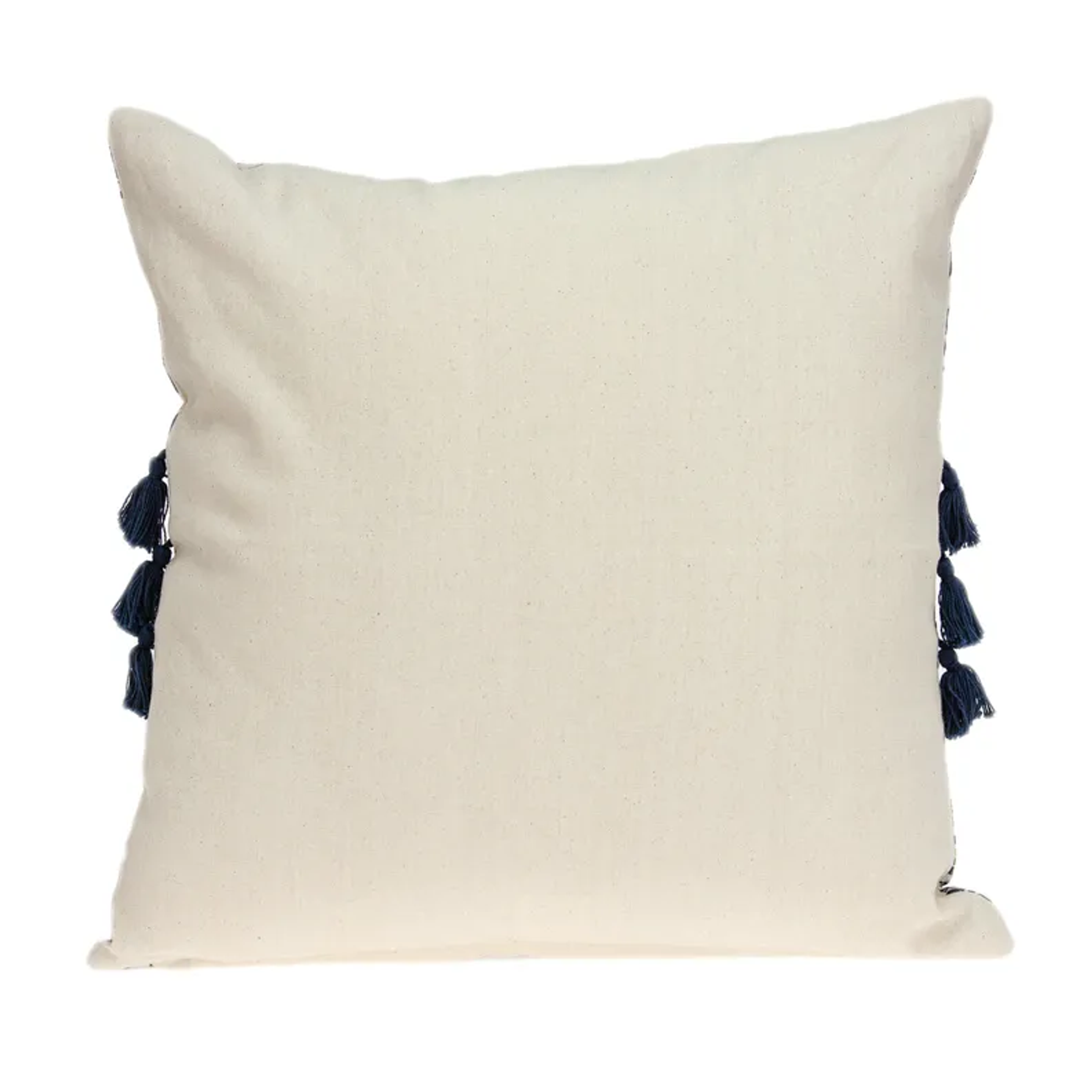 Cream throw pillow with navy tassel trim on both sides