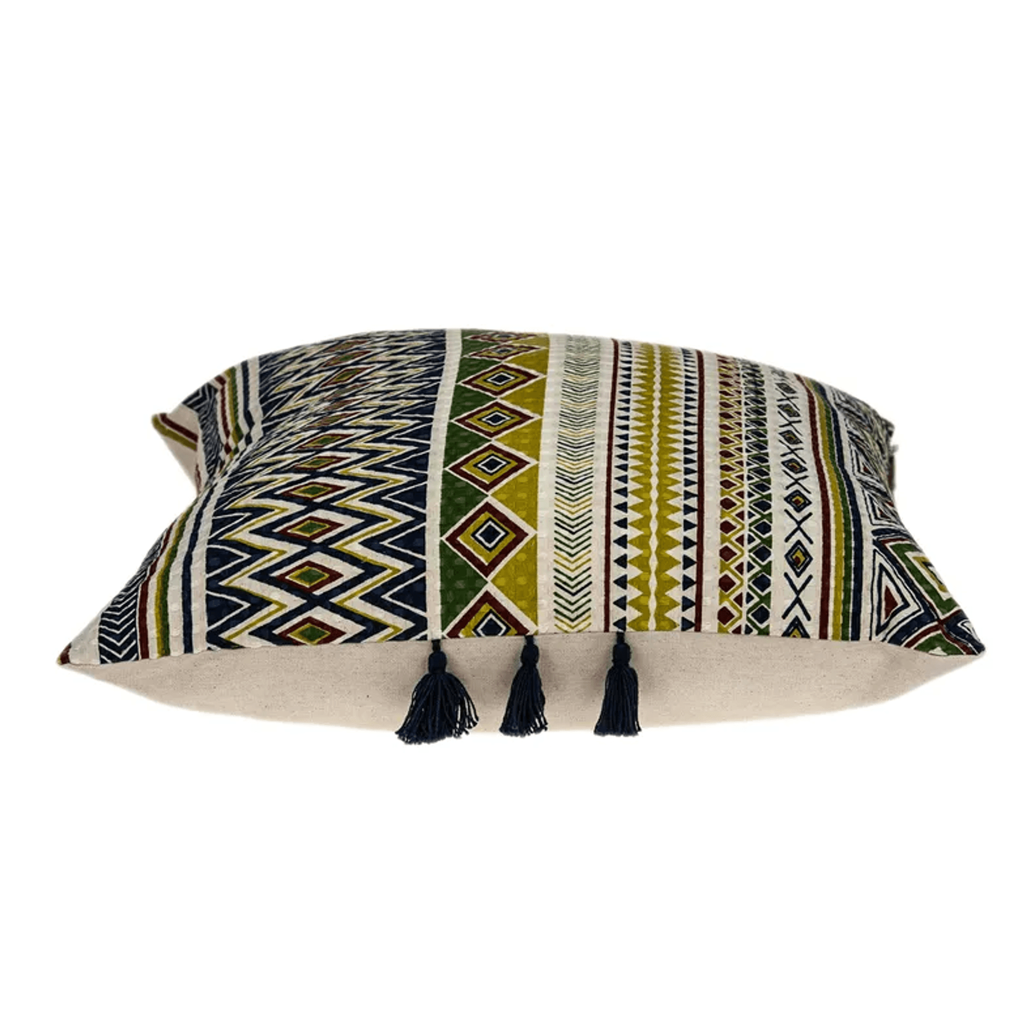 Multicolor striped throw pillow with navy tassels along the bottom edge