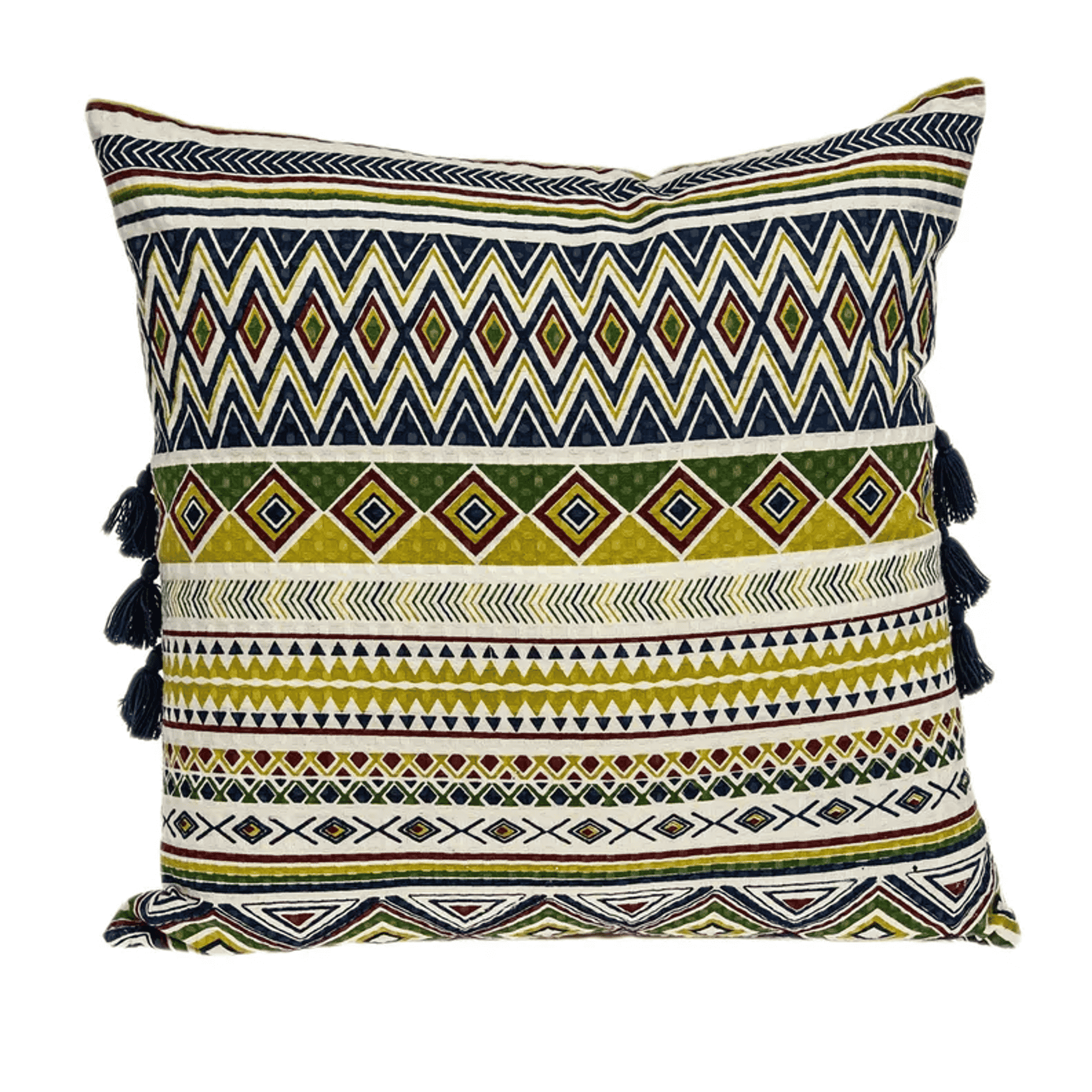 Multicolor aztec throw pillow with horizontal geometric stripes and navy tassels