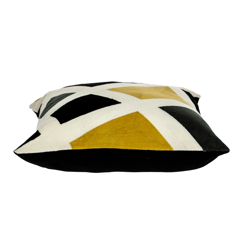 Contemporary throw pillow cover, white with black geometric X pattern and yellow center panel