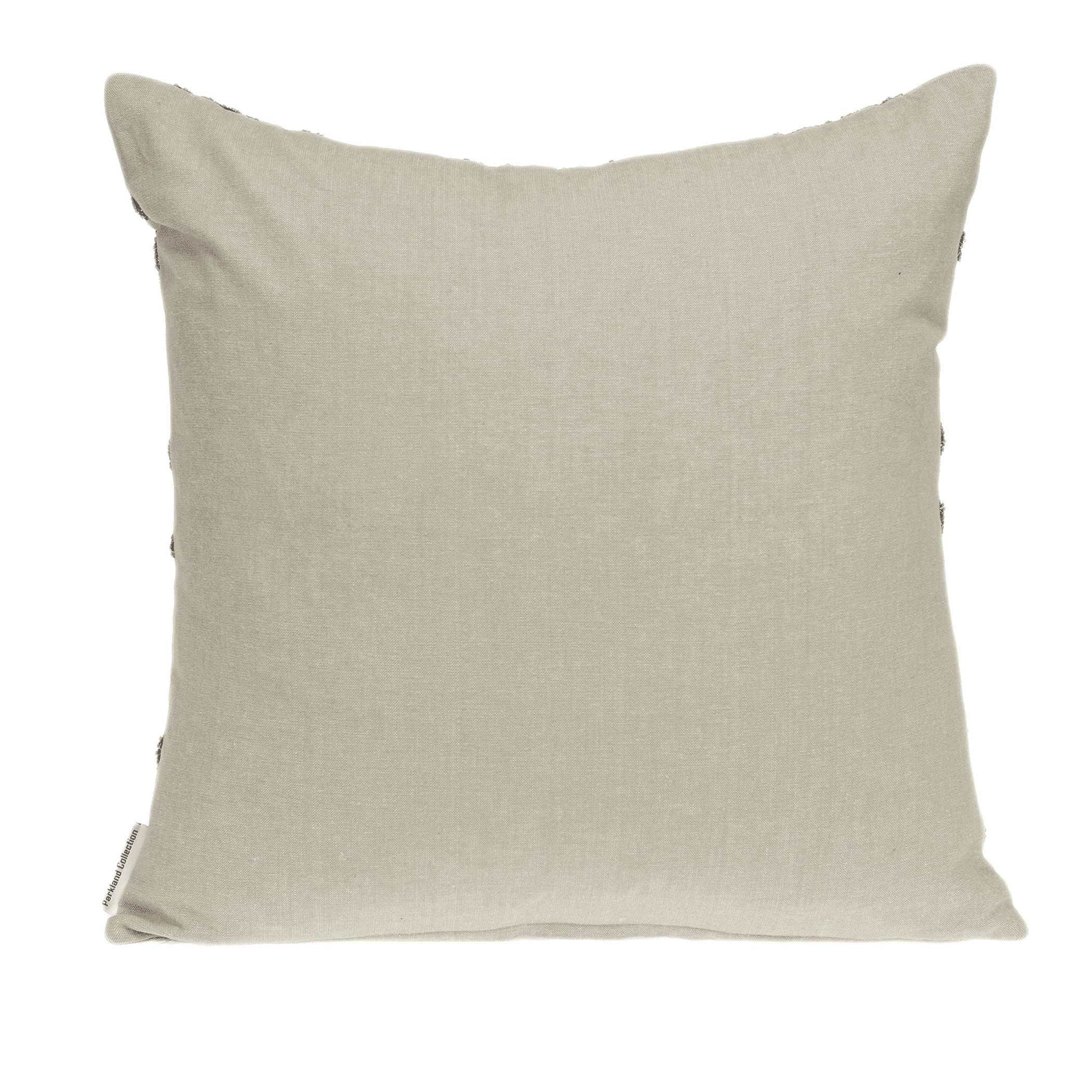 Beige square throw pillow with plain fabric front and stitched edges