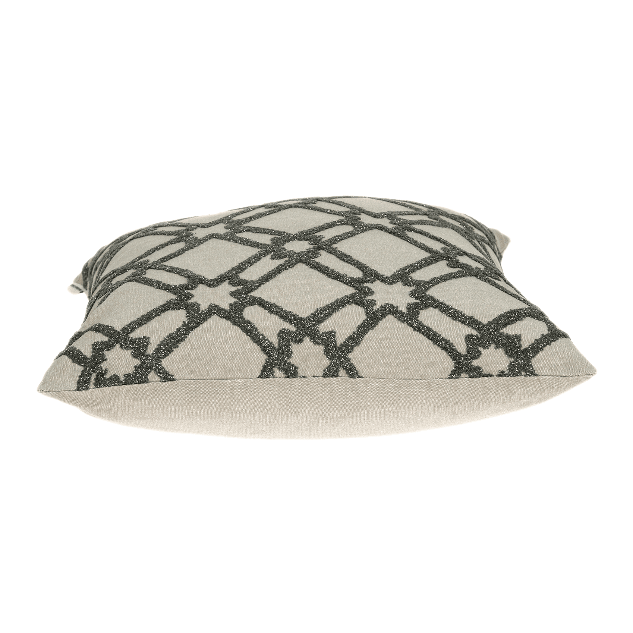 Beige square throw pillow with dark gray geometric lattice pattern and tassel trim