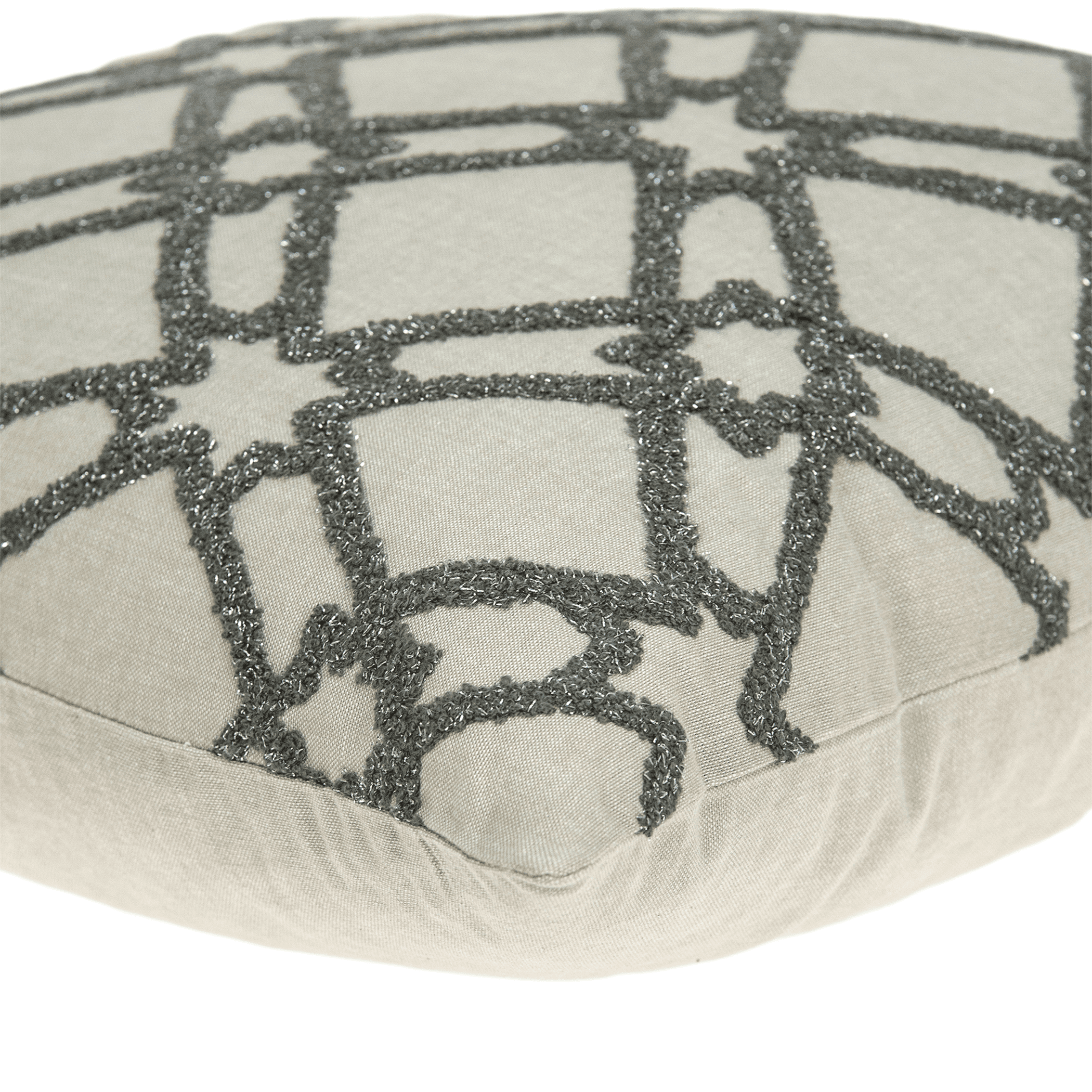 Angled view of beige throw pillow with dark gray geometric lattice embroidery design
