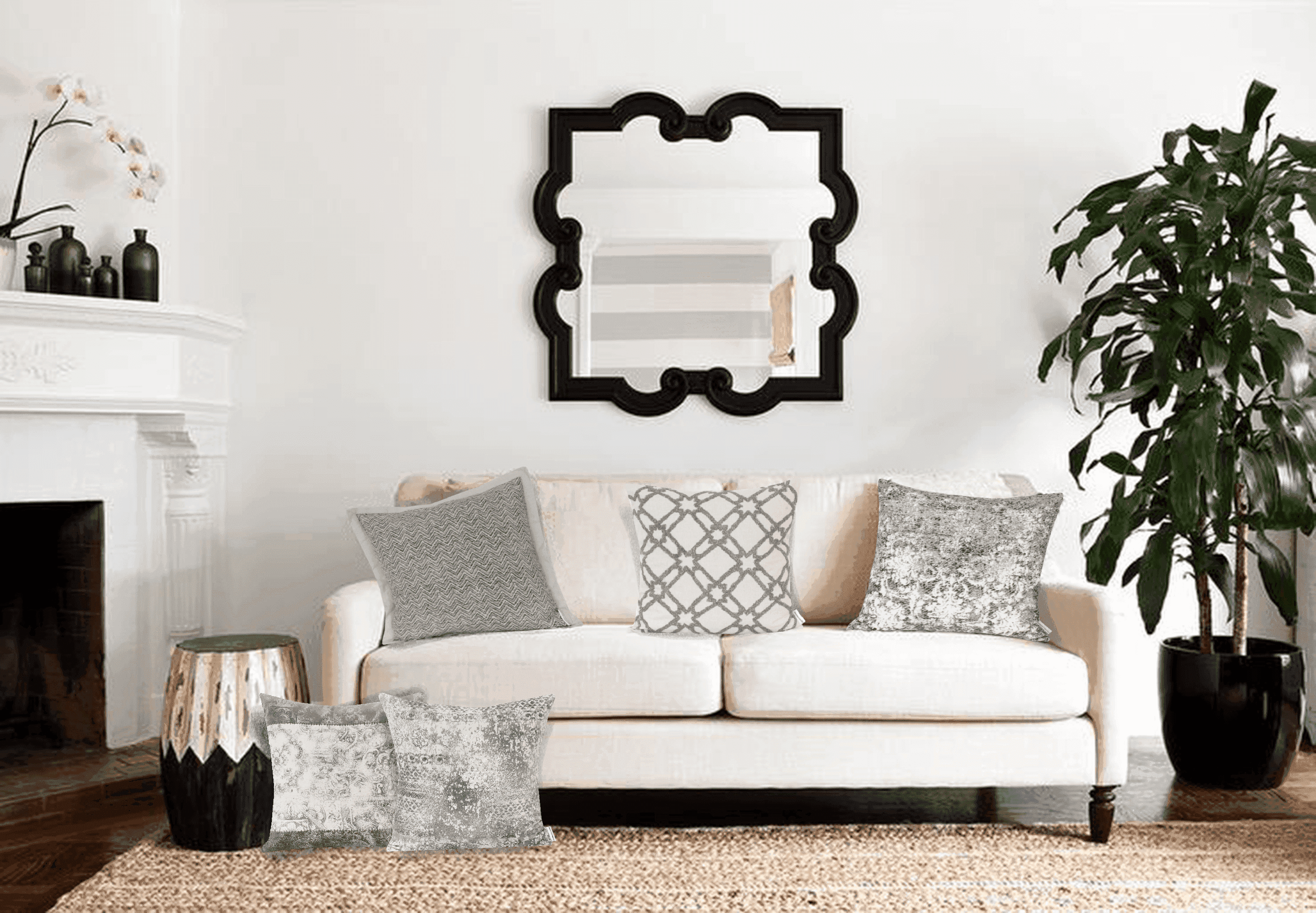 Geometric throw pillow with beige base and dark gray lattice pattern on sofa