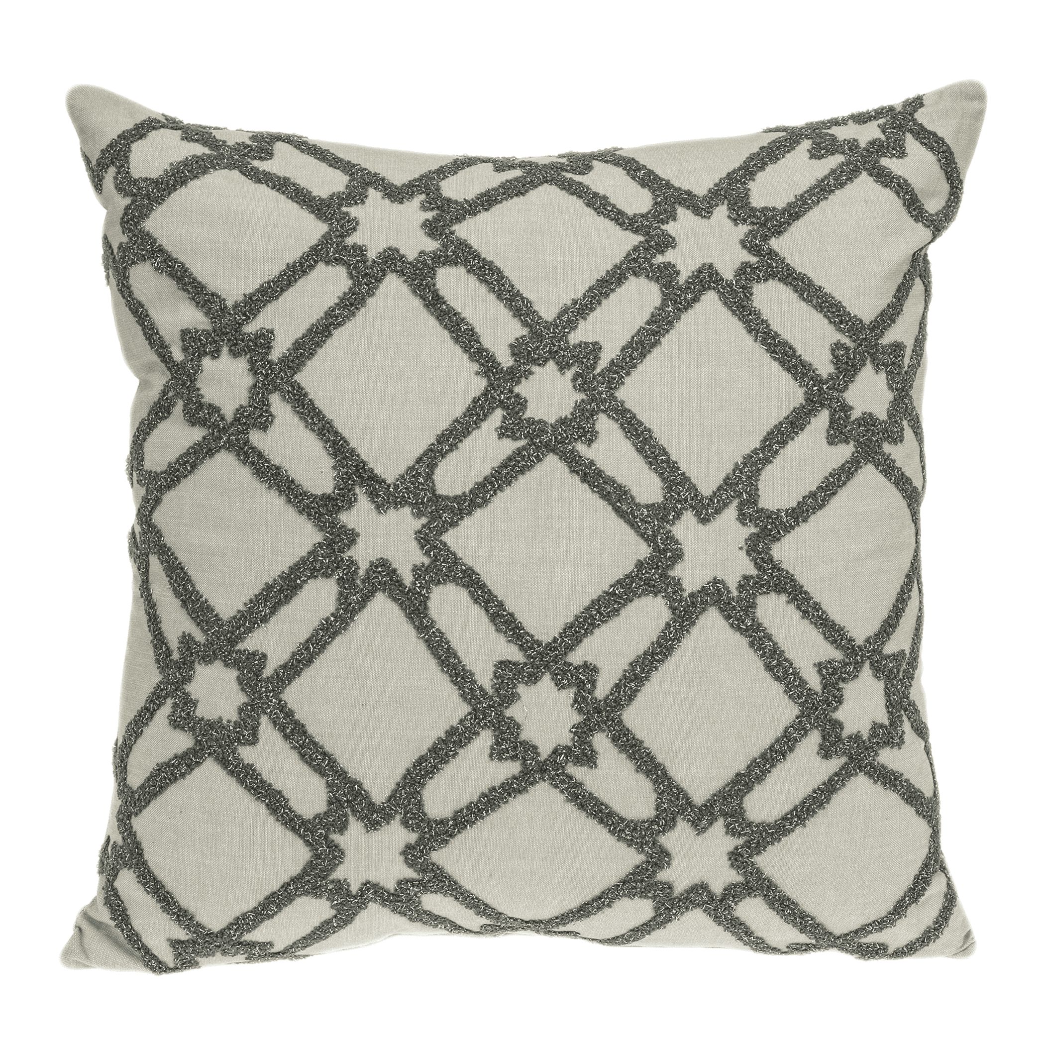 Beige square throw pillow with dark gray crisscross geometric embroidery pattern