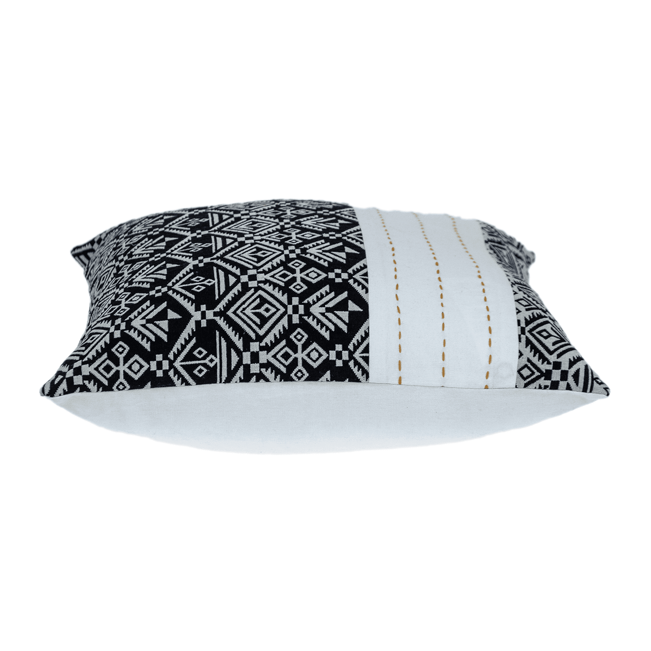Geometric throw pillow with black pattern, white base, and stripe accent