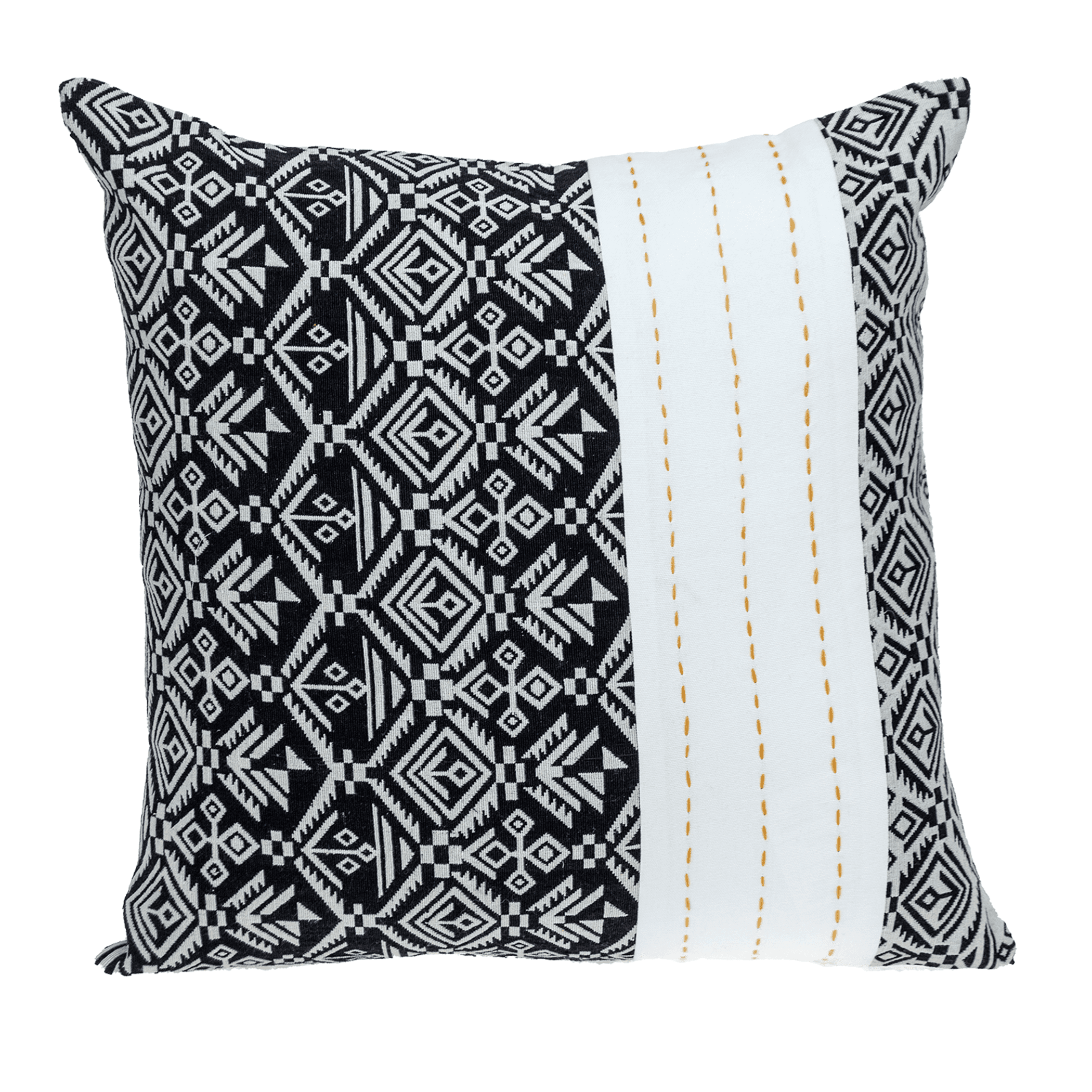 Black-and-white geometric throw pillow with vertical white stripe panel
