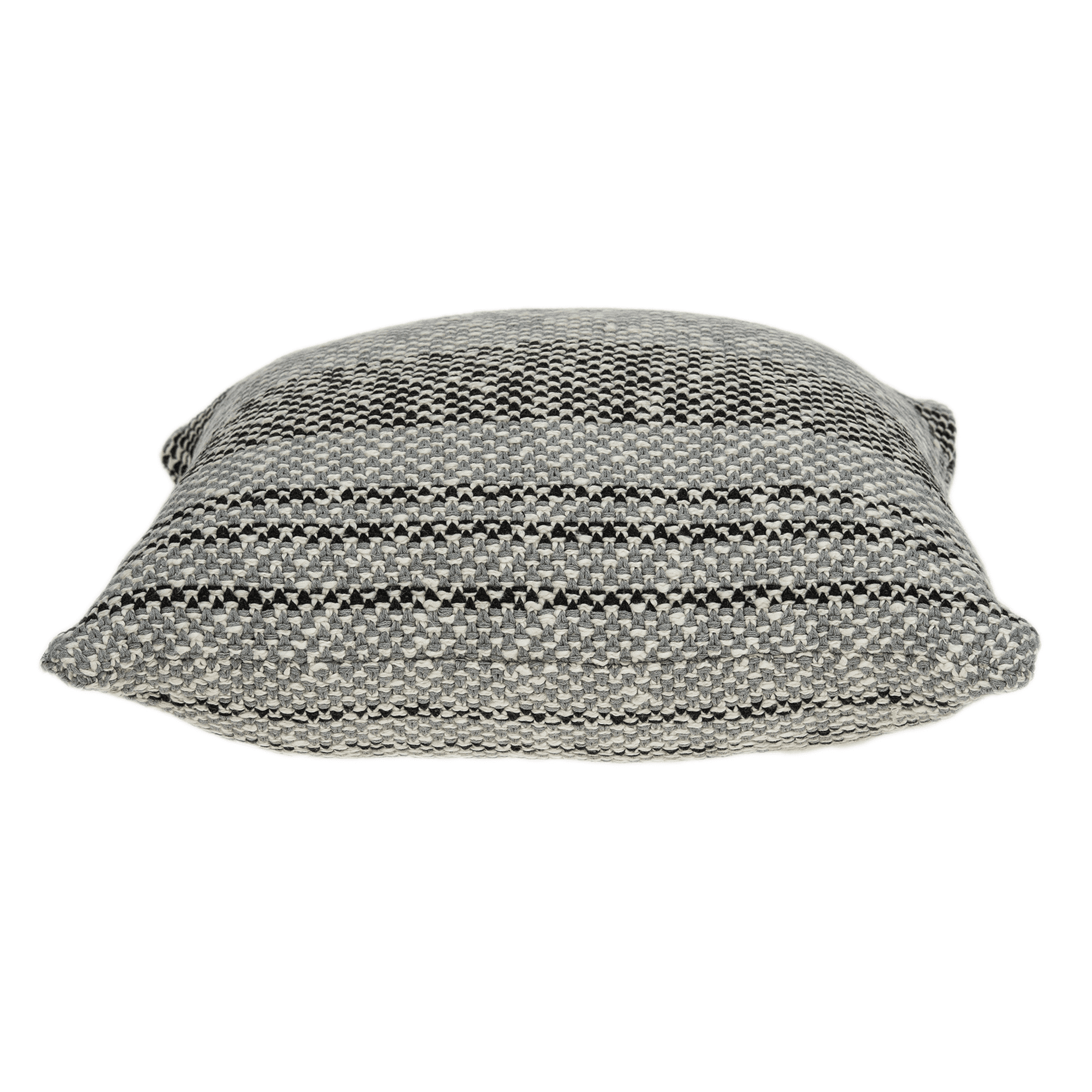 Gray woven throw pillow with wide horizontal black stripes, curved top edge