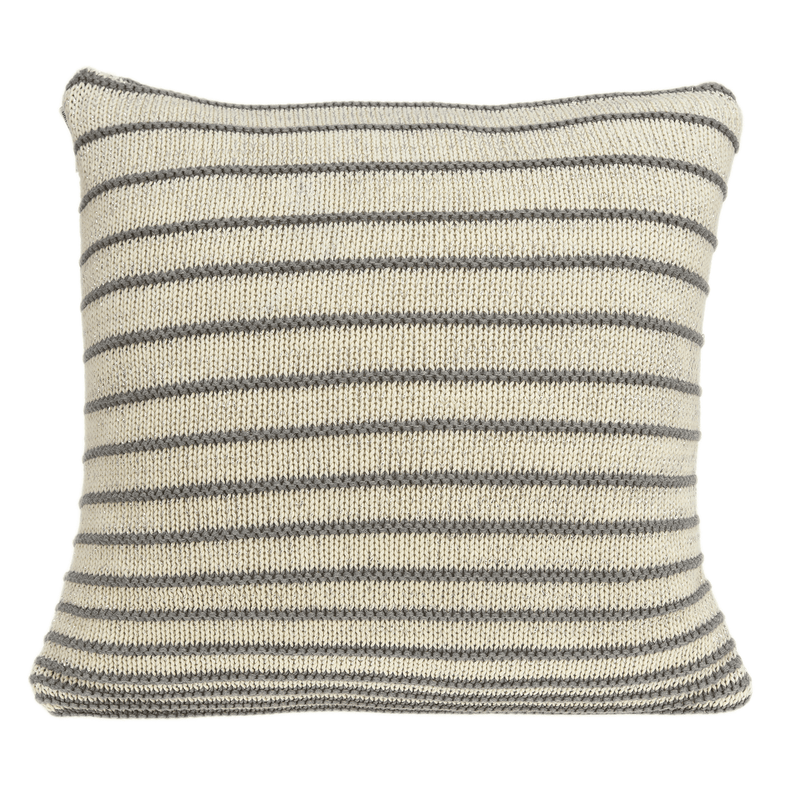 Striped beige throw pillow with dark gray horizontal bands and stitched edges
