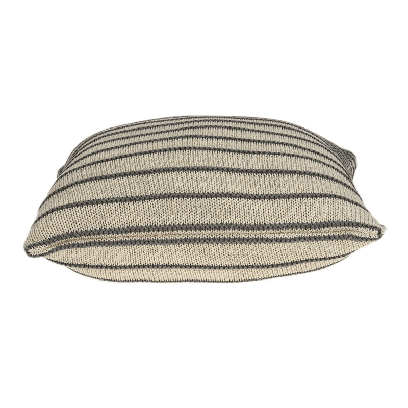 Beige striped throw pillow cover with dark gray horizontal bands, side view