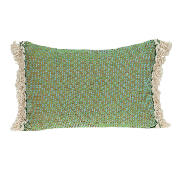 Green accent pillow cover with woven lattice texture and fringe tassel edges