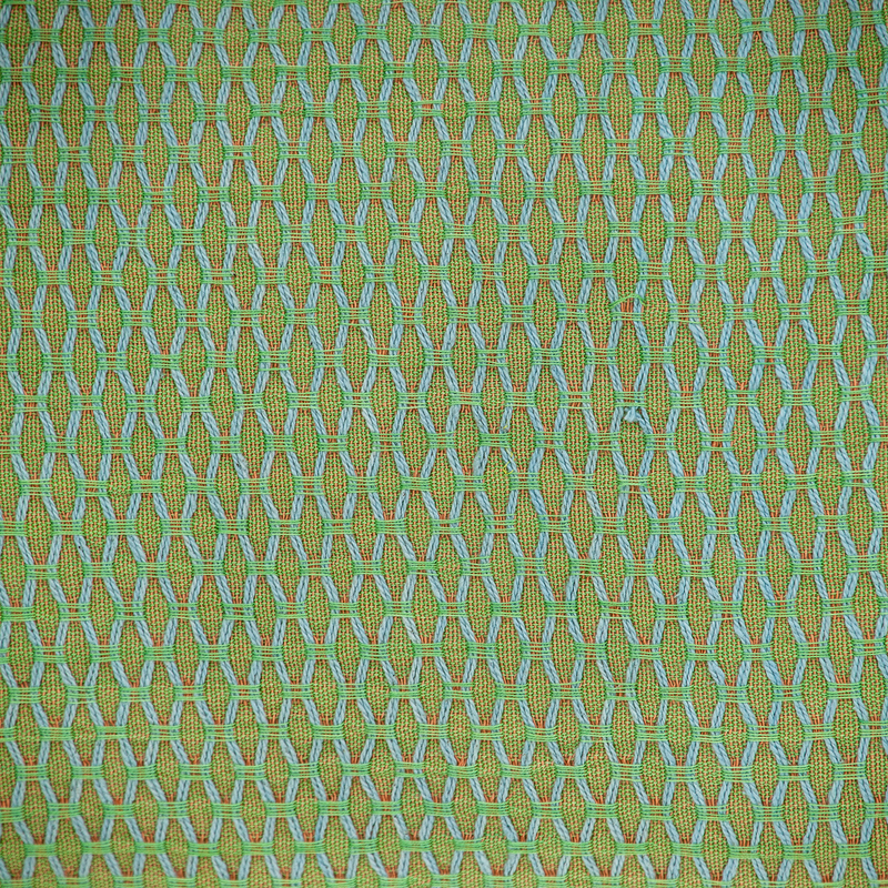 Close-up of green woven lattice pattern fabric for accent pillow cover