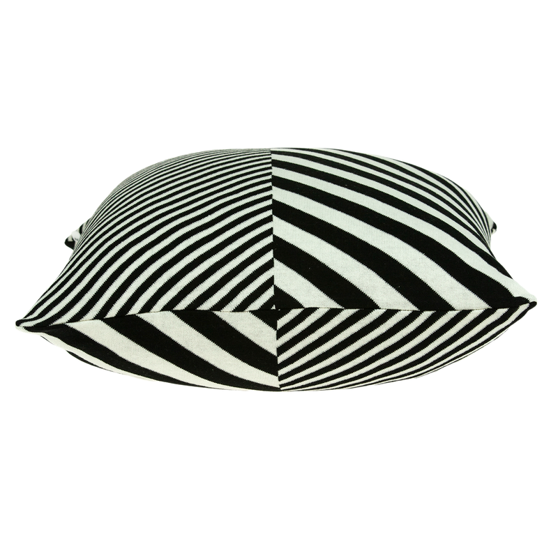Black and white striped throw pillow angled view with folded corners