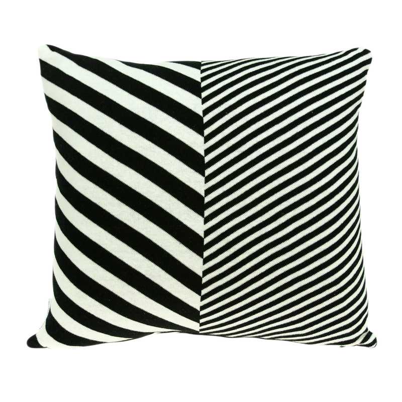 Black and white striped square throw pillow with piped edges