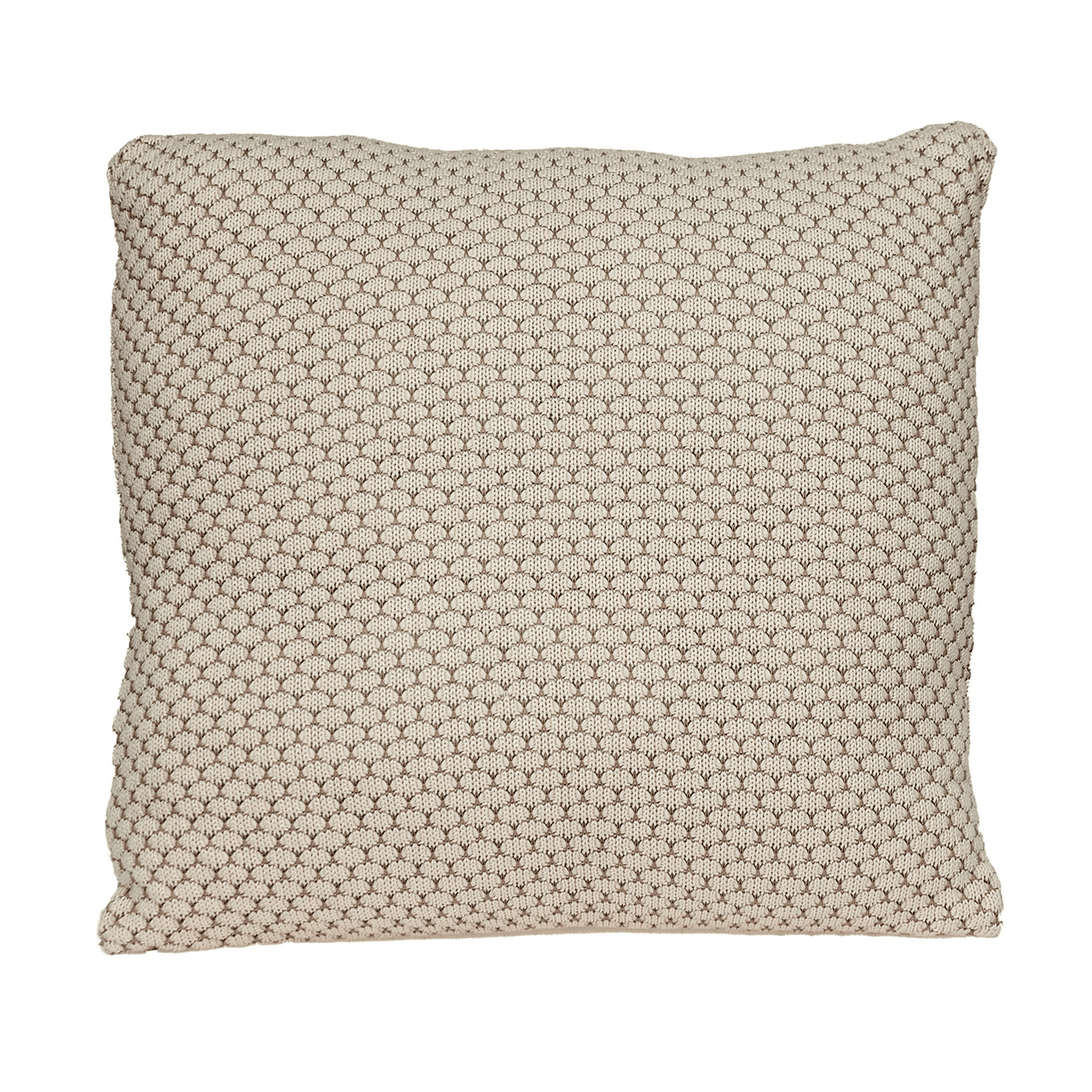 Beige knit square throw pillow with repeating looped pattern