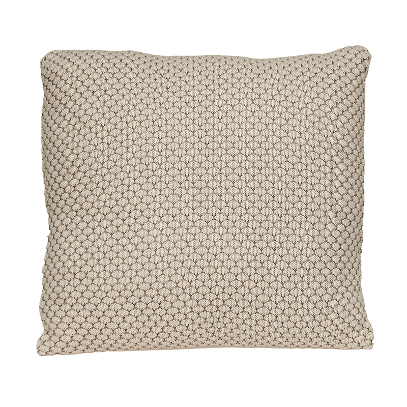 Beige knit square throw pillow with repeating looped pattern
