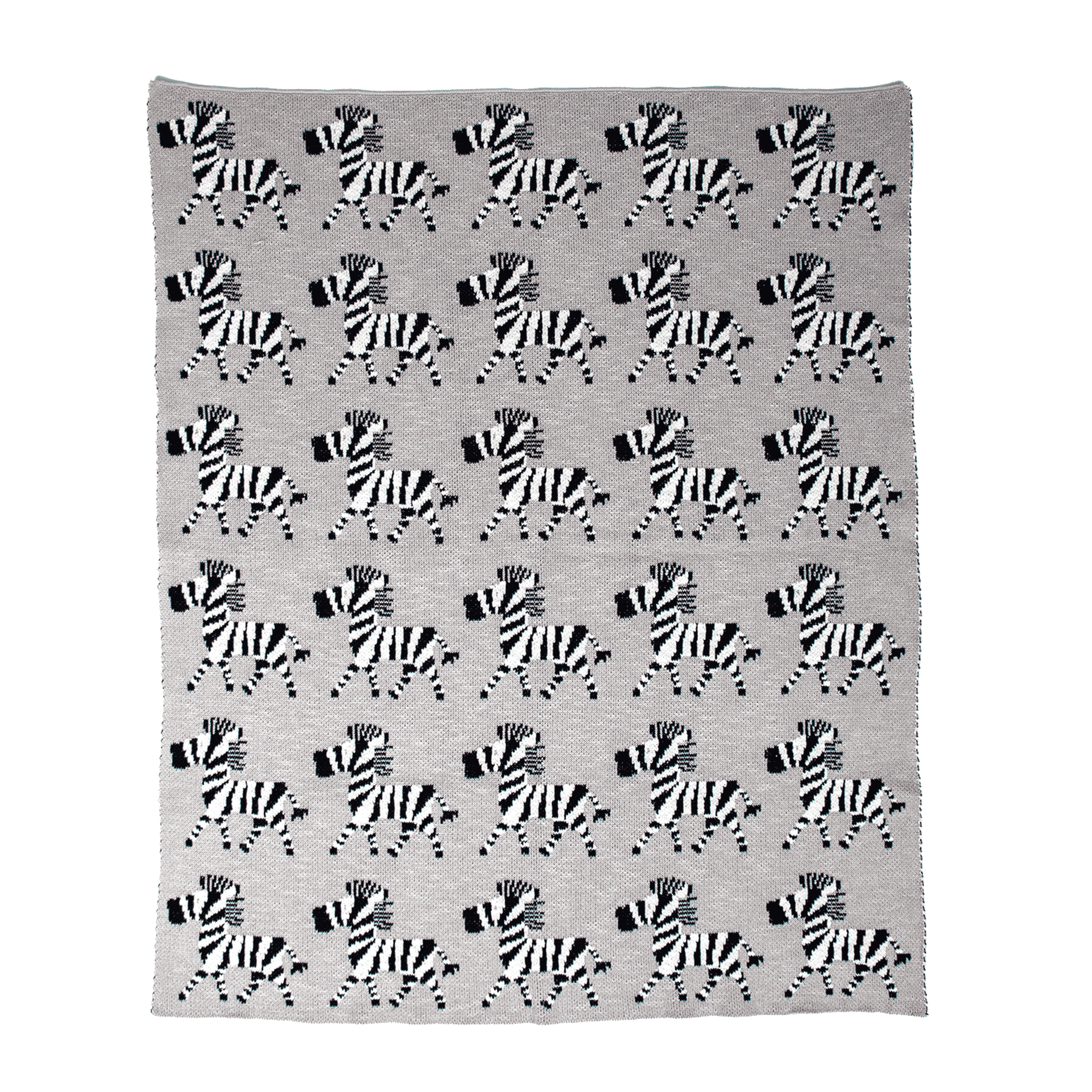Gray knitted baby blanket with all-over zebra print motif