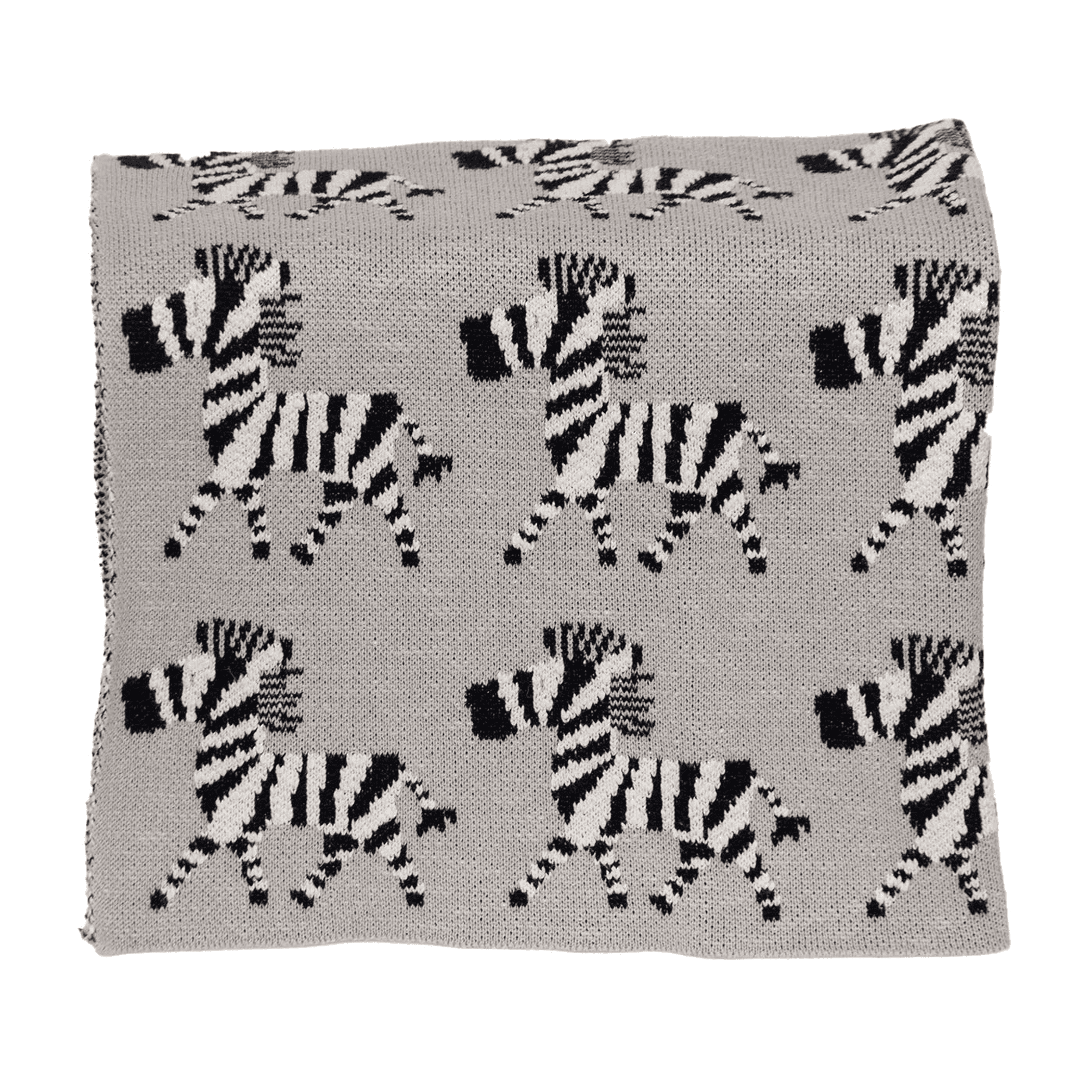 Gray knitted baby blanket with repeating zebra print pattern, folded view