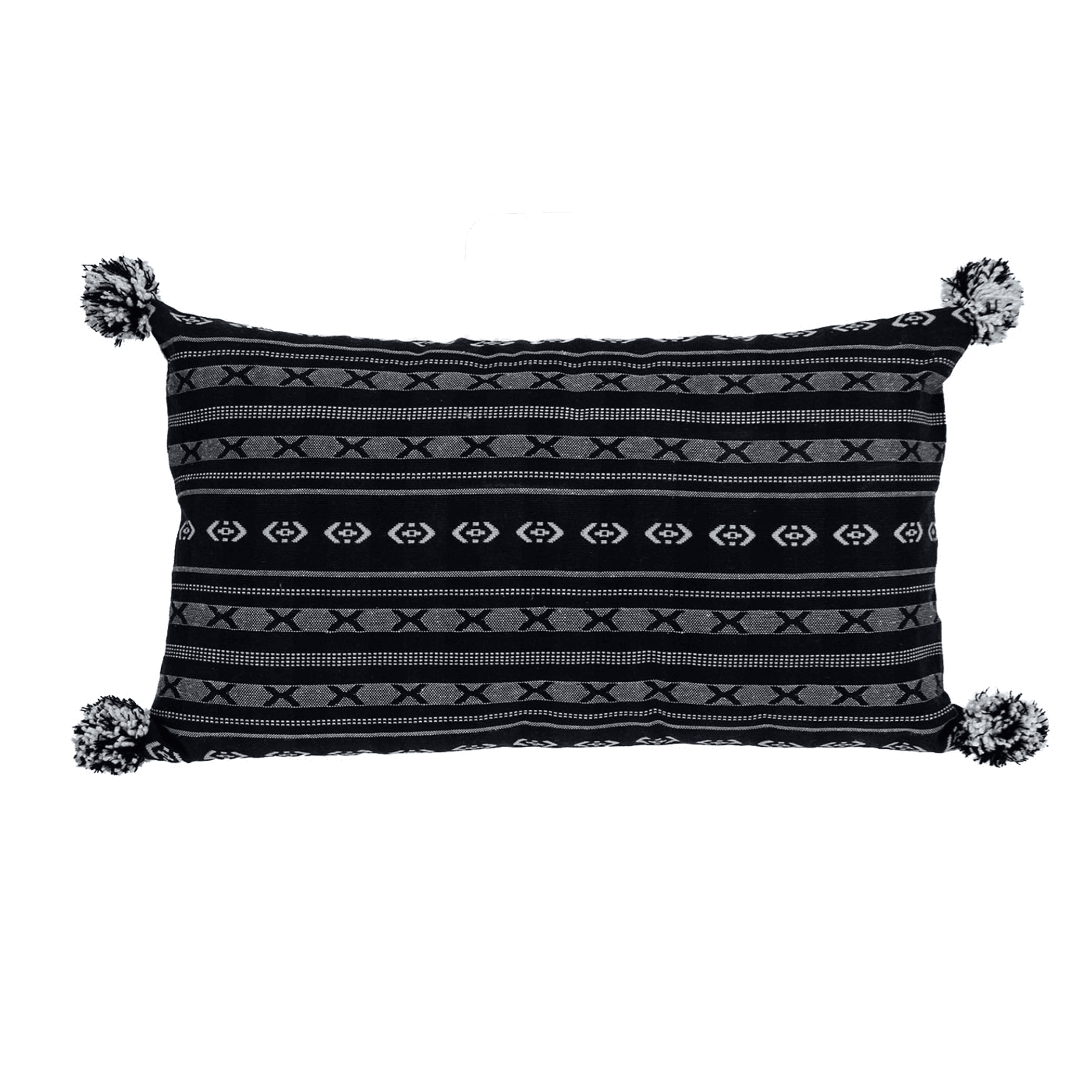 Black rectangular throw pillow with horizontal stripe geometric pattern and corner pom-poms