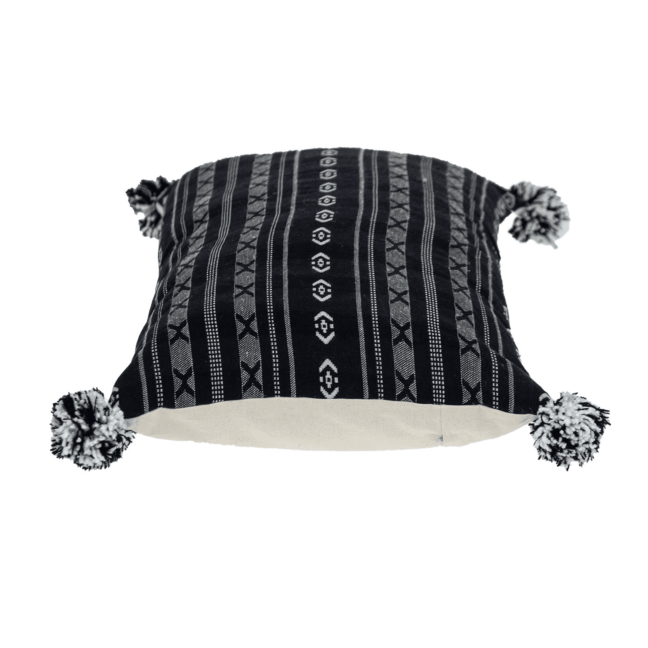 Black rectangular throw pillow with vertical striped geometric pattern and corner pom-poms
