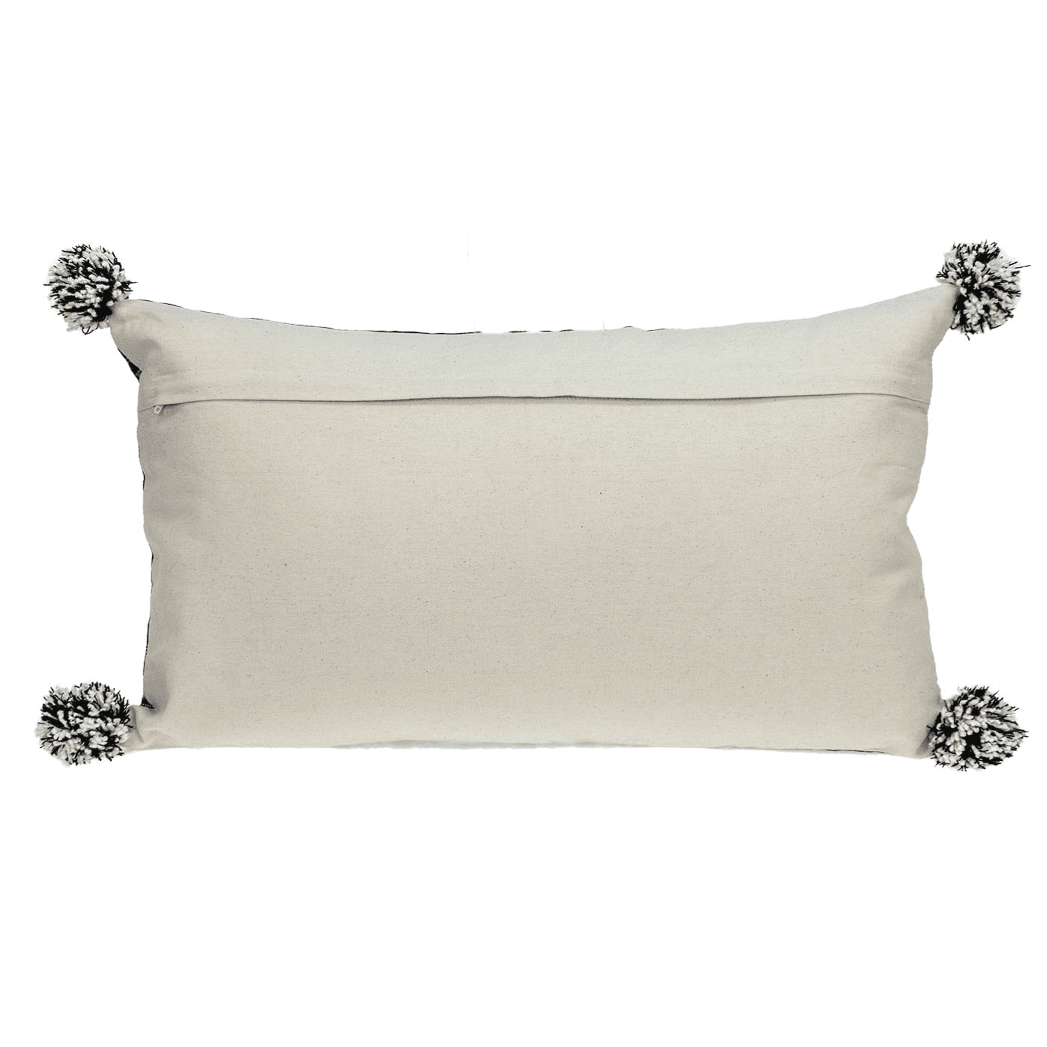 Light cream rectangular throw pillow with corner pom-poms and smooth solid front