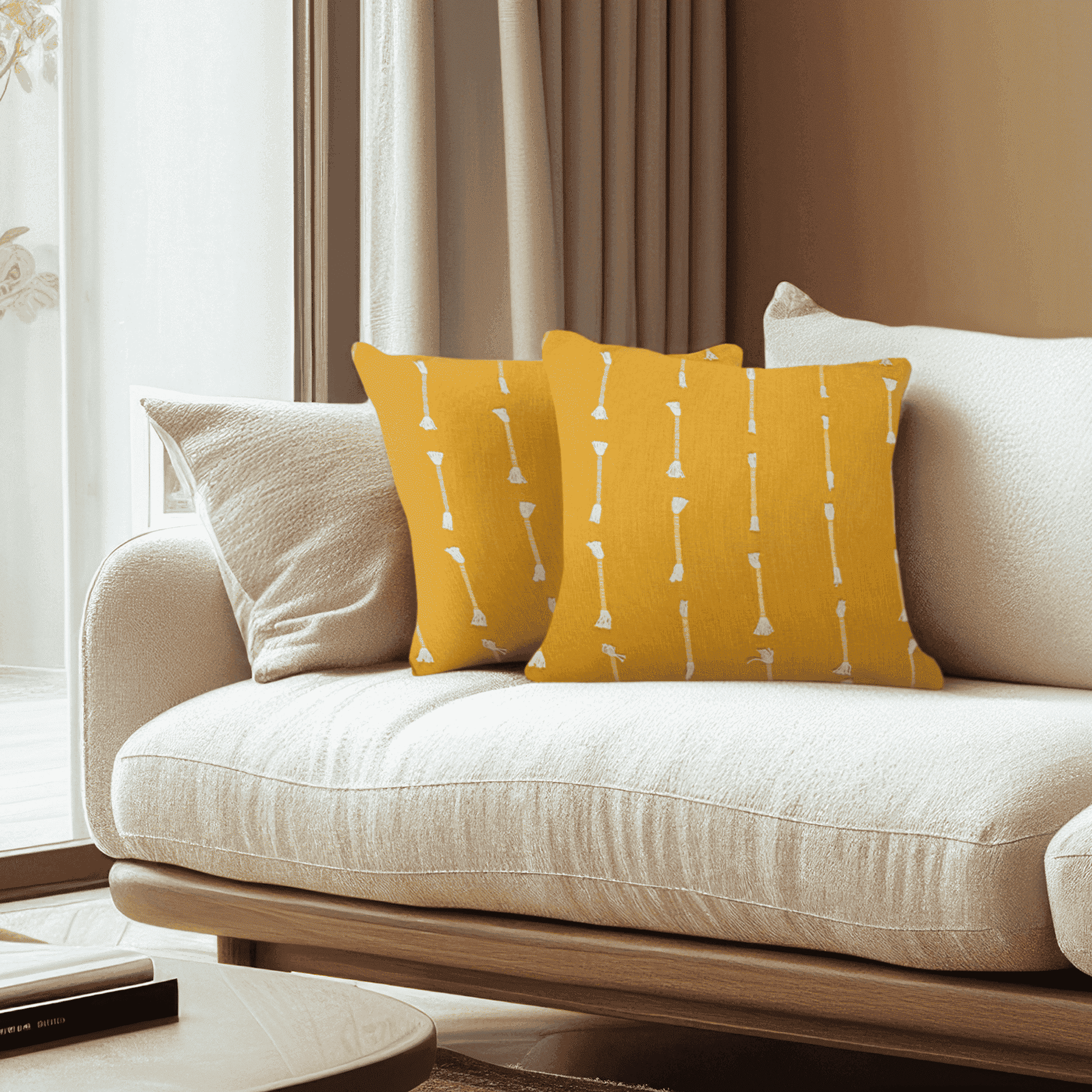 Yellow 18x18 cotton throw pillow with white stripe pattern, short lumbar style