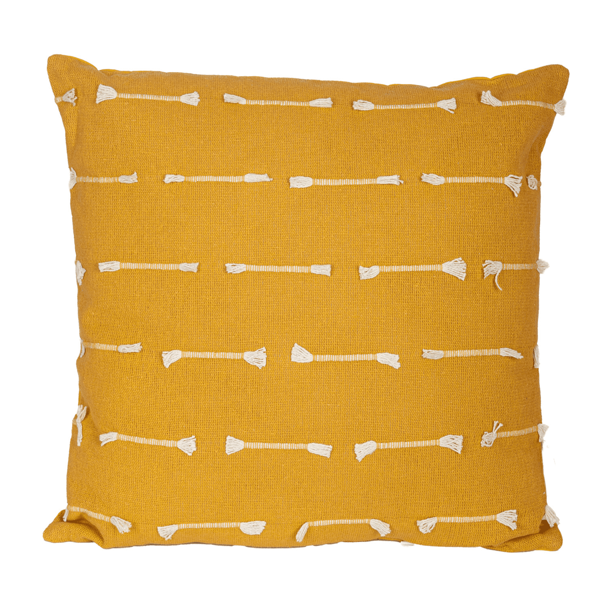 Yellow 18x18 cotton pillow with all-over white stripe pattern, square front