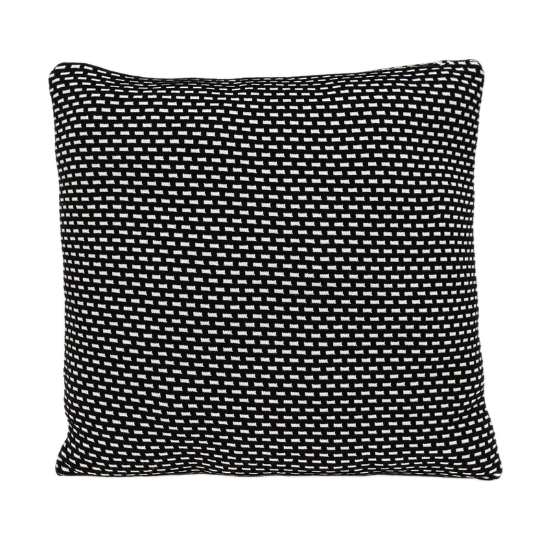 Black and white geometric weave throw pillow with square corners, front view