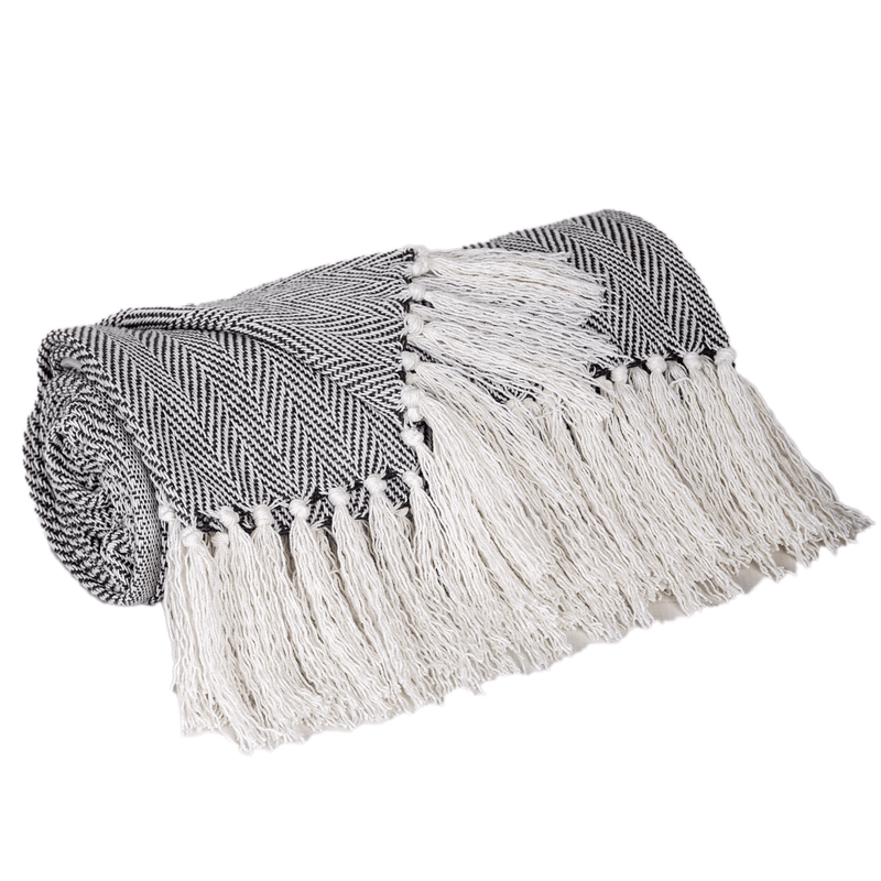 Parkland cotton handloom throw in gray herringbone, folded edge with white tassels